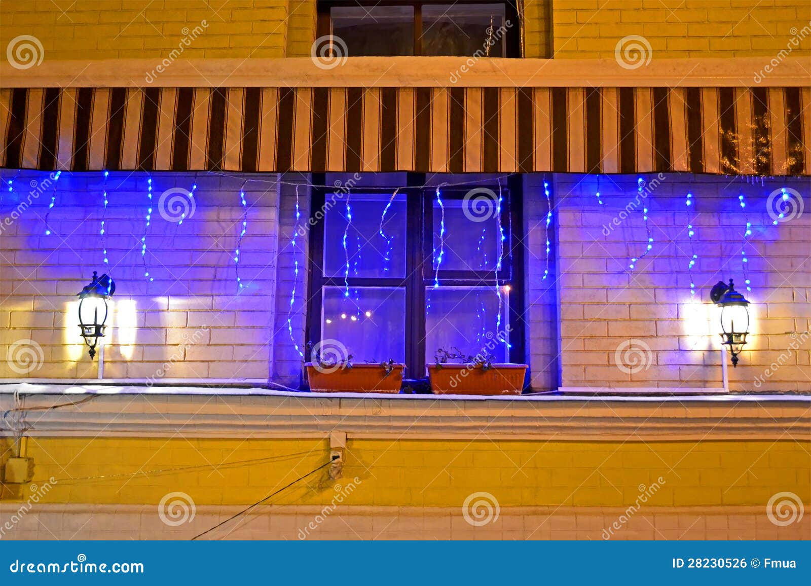 Garland Lamp Light with Illumination on Window, Holiday, Stock Photo
