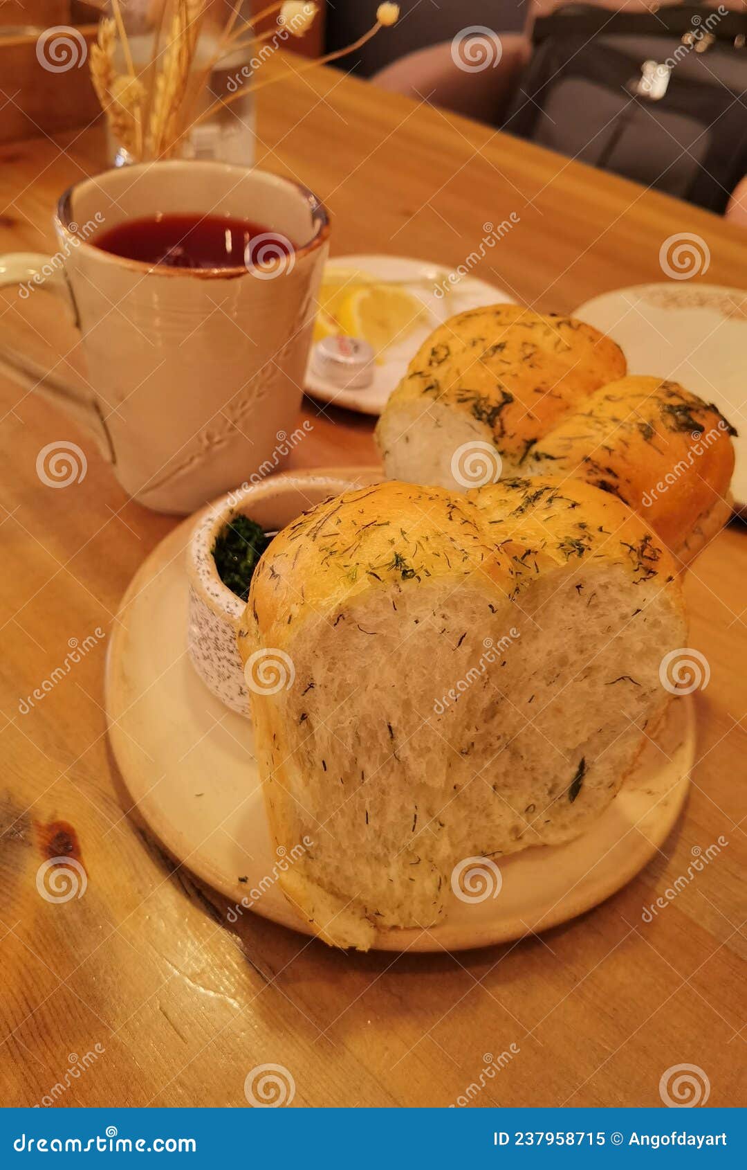 Garlic Bread and a Cup of Compote Stock Image Image of breakfast