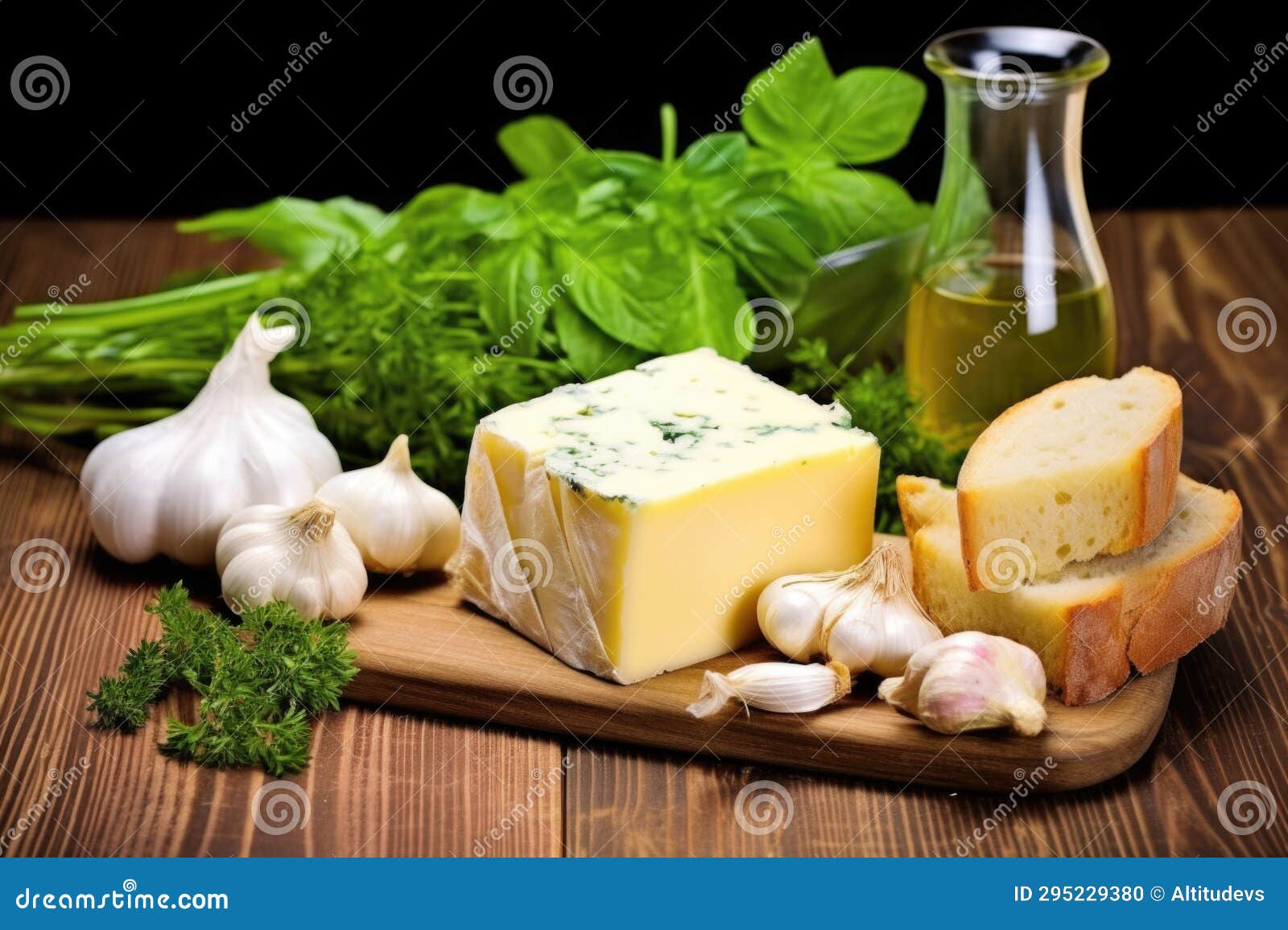 Garlic Bulbs, Fresh Herbs, Butter and Grilled Bread Stock Photo Image of bread, eating 295229380