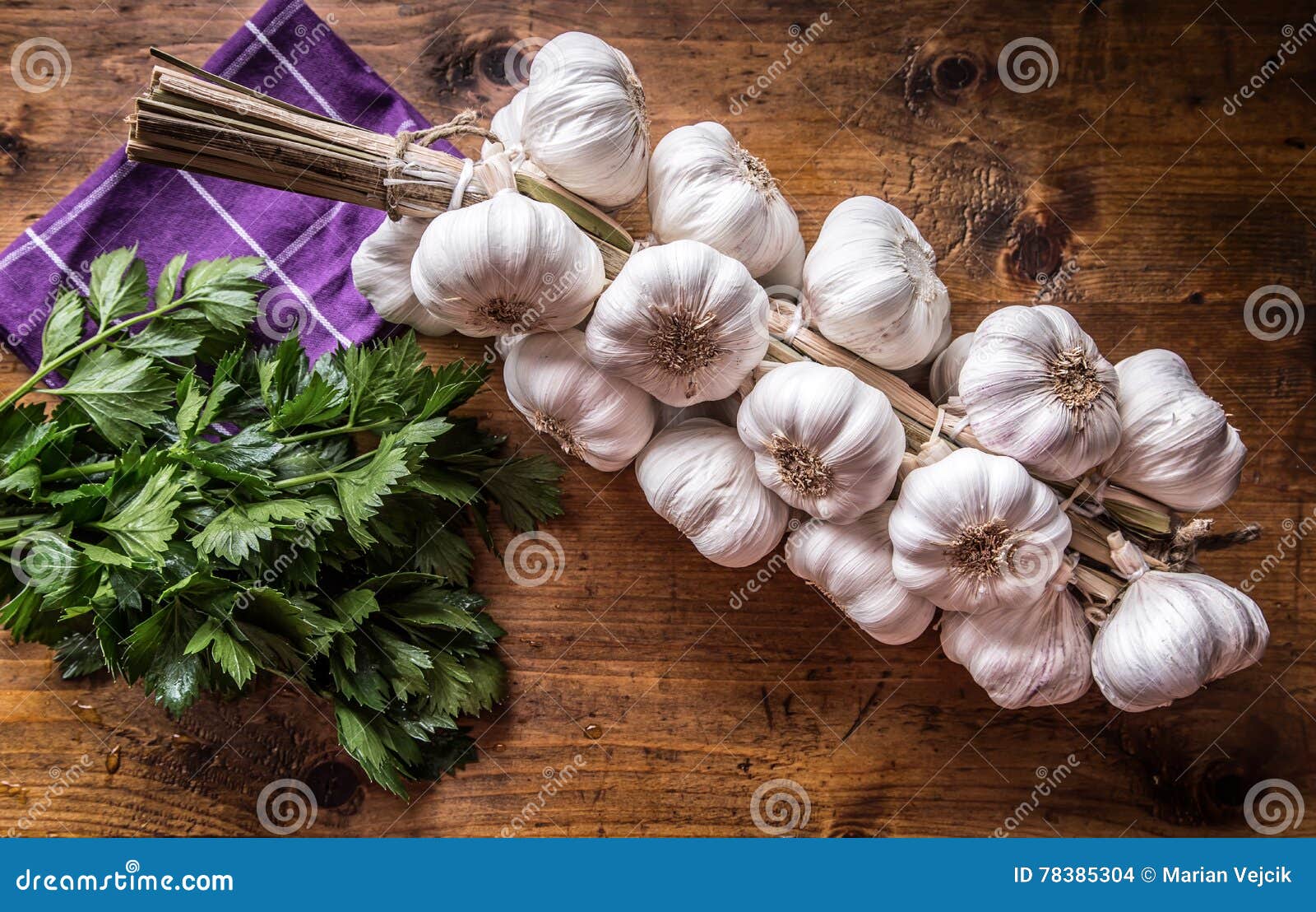 Garlic. Bunch of Fresh Garlic with Celery Herbs Stock Photo Image of