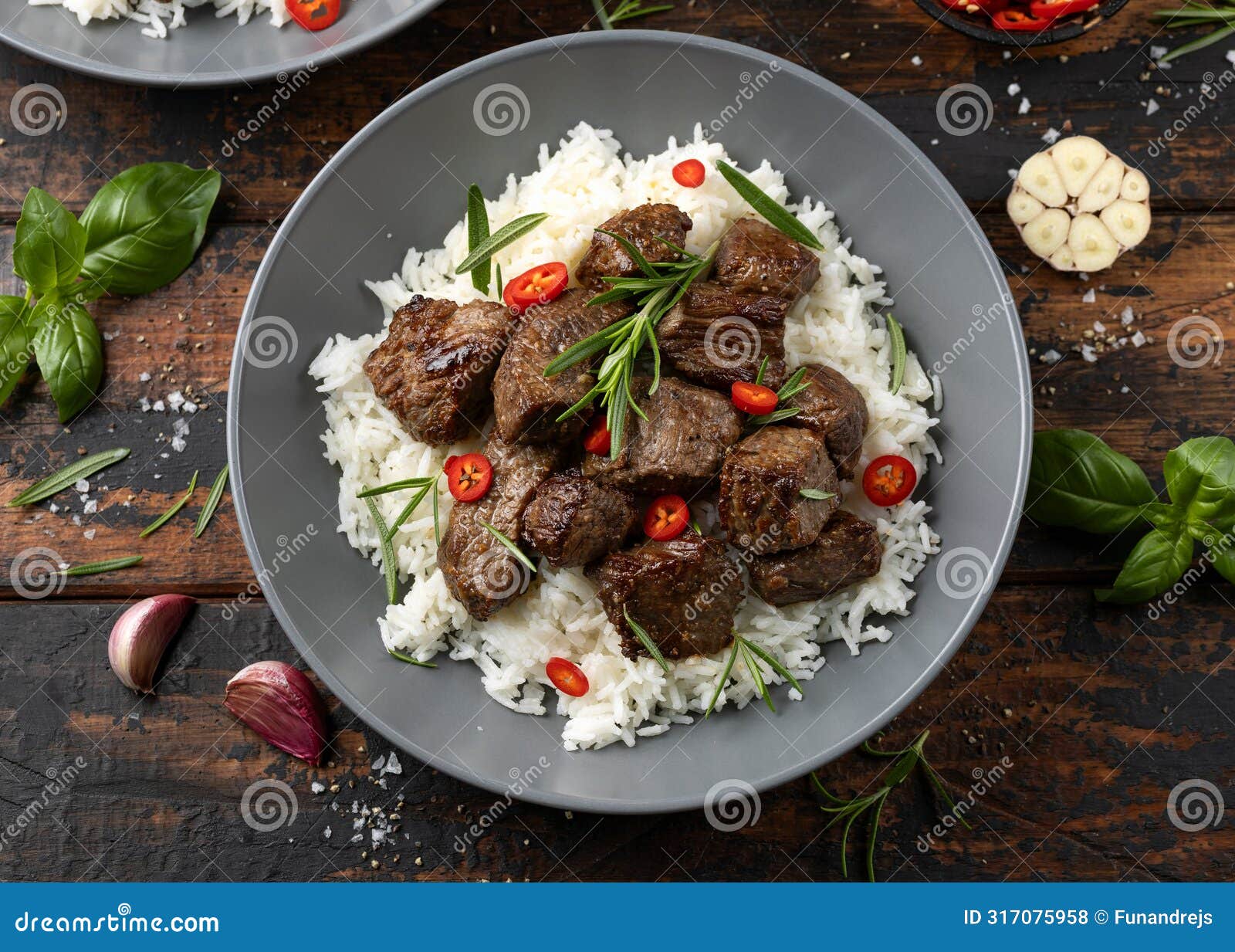 Garlic Butter Beef Steak Bites with Rice Stock Photo Image of closeup