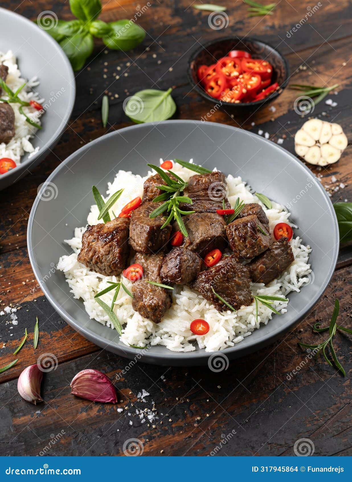 Garlic Butter Beef Steak Bites with Rice Stock Photo Image of cubes