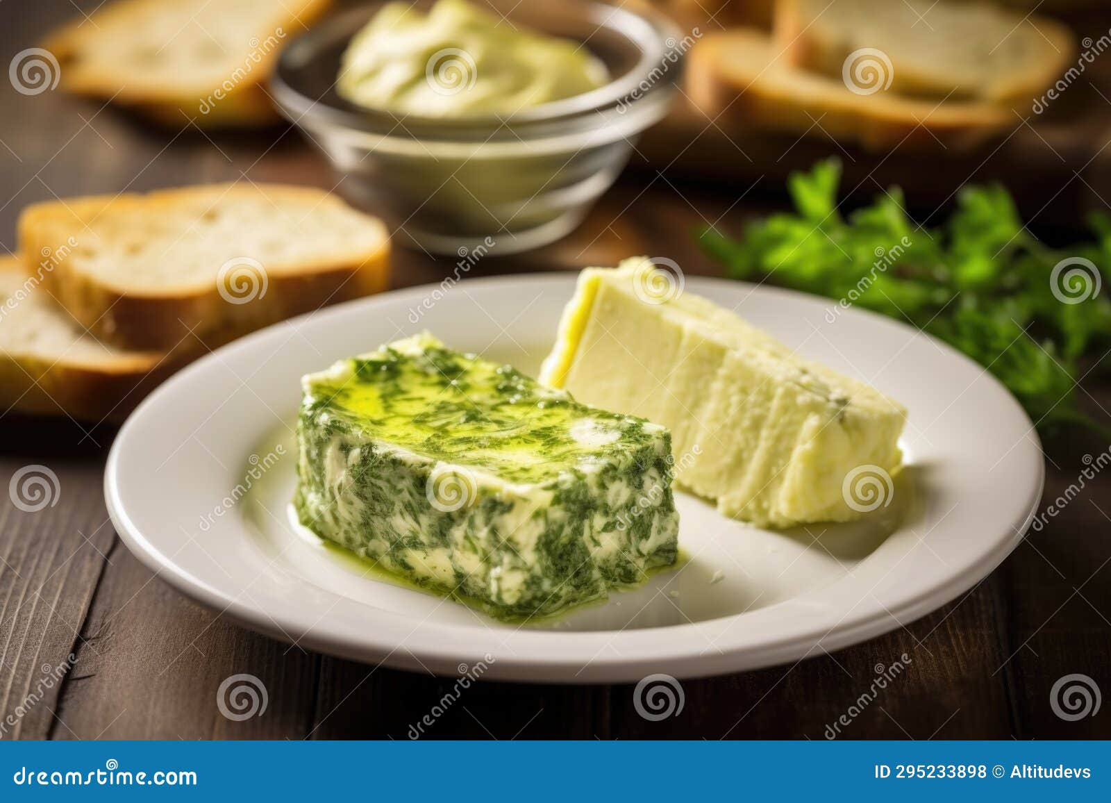 Garlic Herb Butter on a Butter Dish, Grilled Bread on a Plate Stock