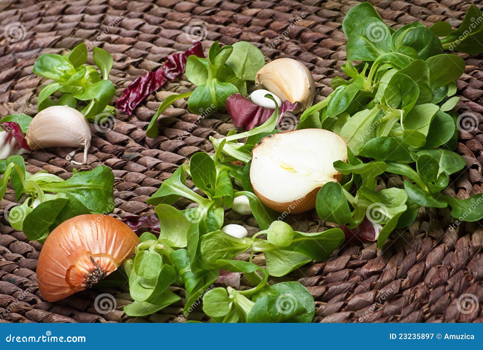 Garlic ,onion and Fresh Herbs Stock Image Image of green, wooden