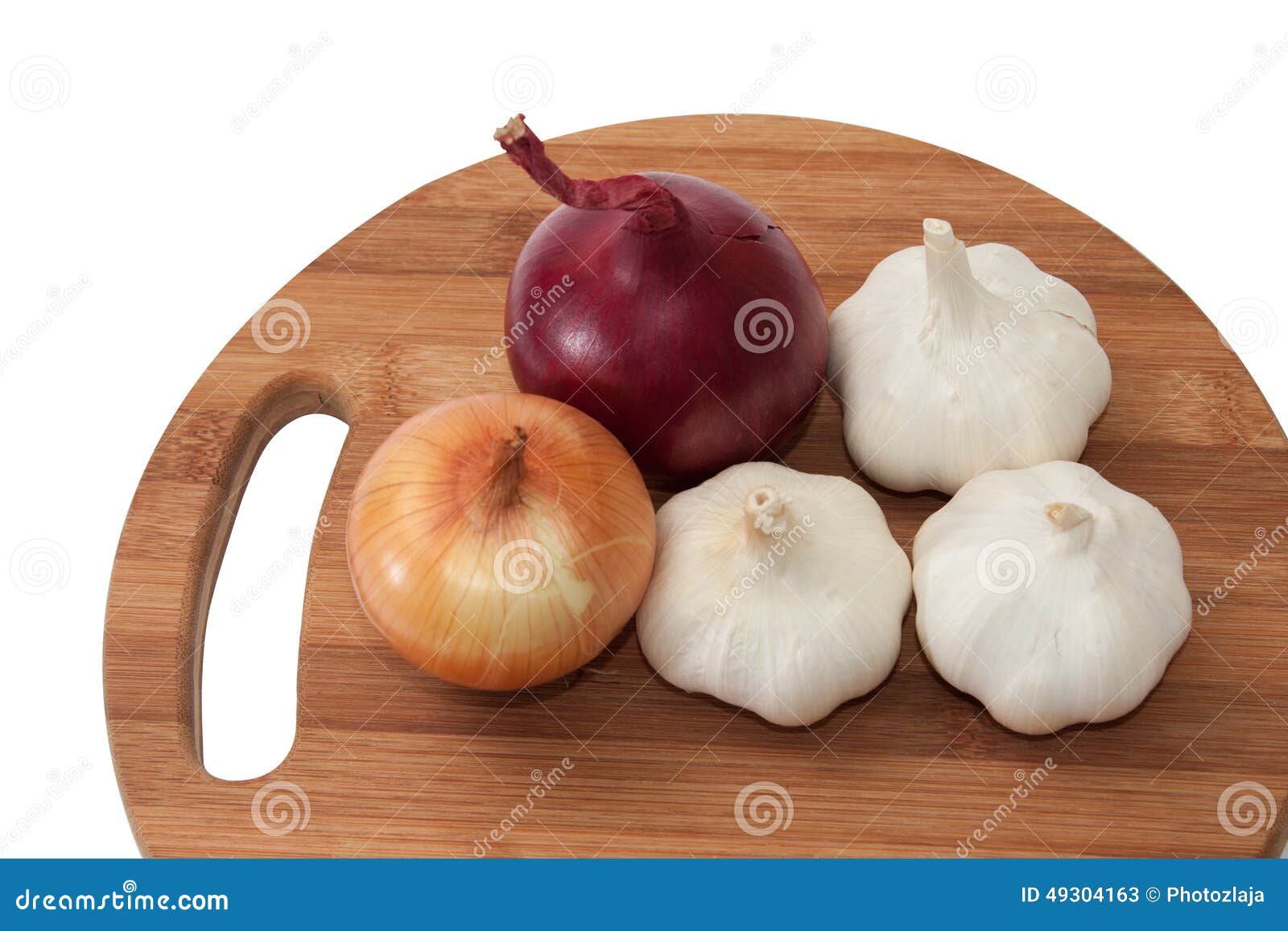 Garlic, Onion And Red Onion On Wooden Kitchen Board Stock Image - Image