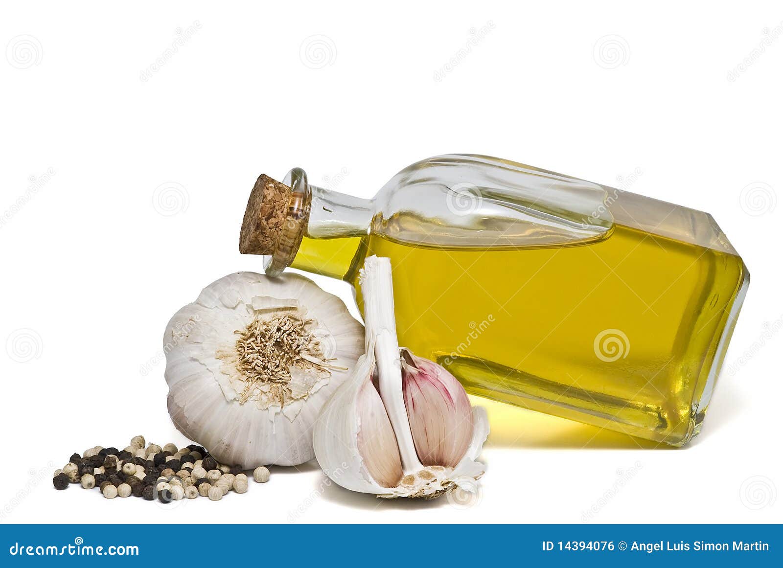 Garlic, Pepper and Olive Oil. Stock Photo Image of diet, grinder