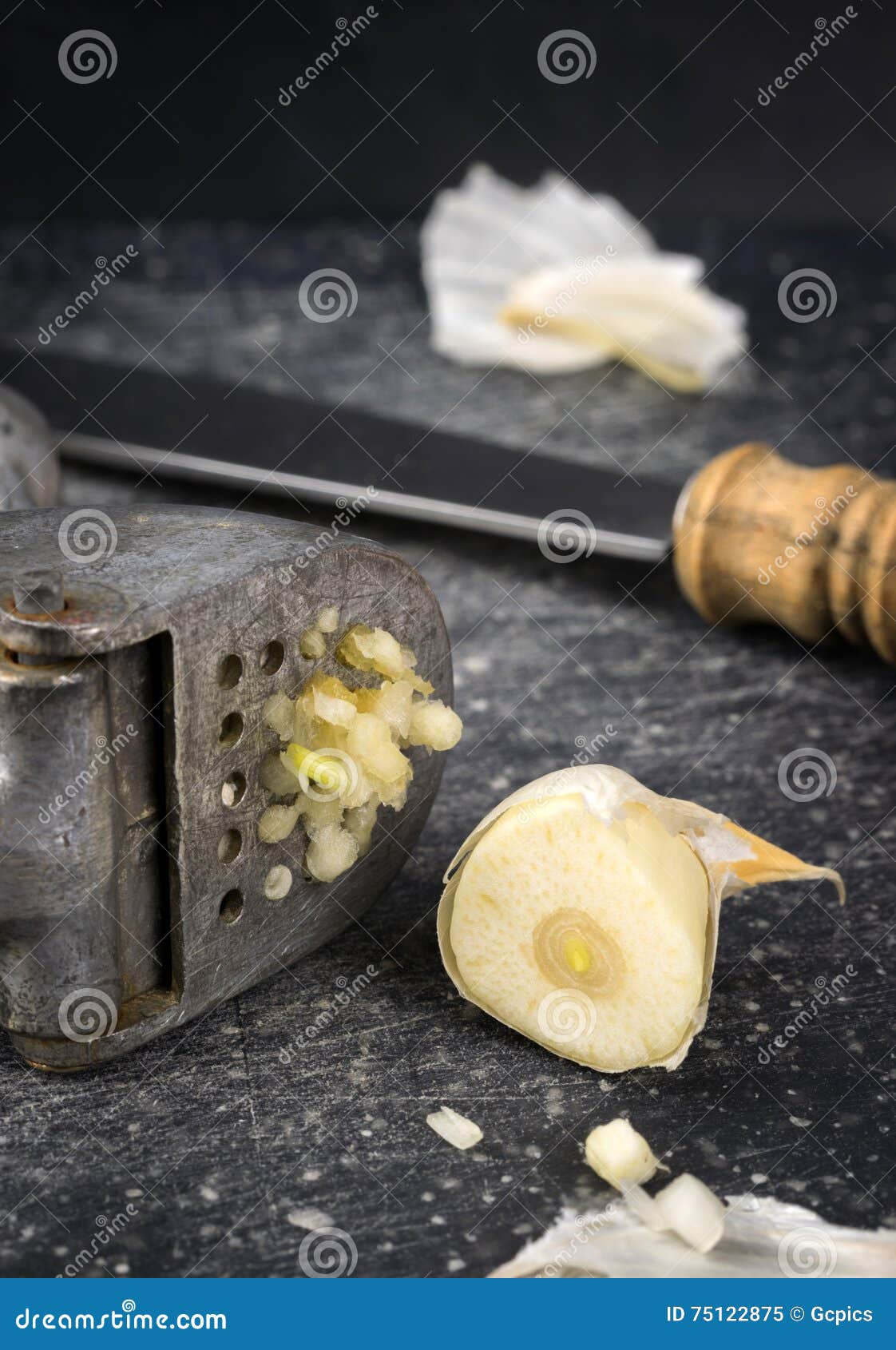 Garlic Press with Cut Garlic Clove Stock Image Image of flavor