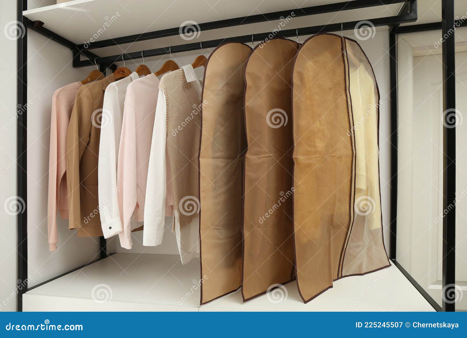 Garment Bags with Clothes on Rack in Dressing Room Stock Image Image