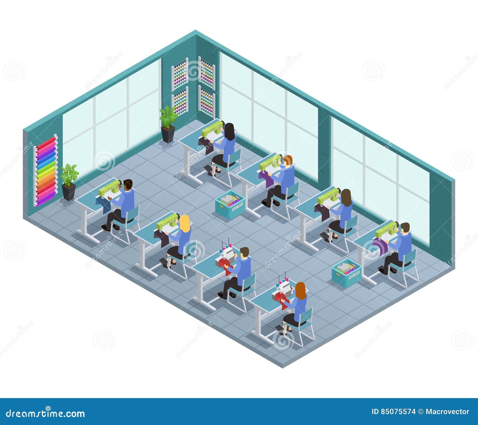 garment factory isometric composition