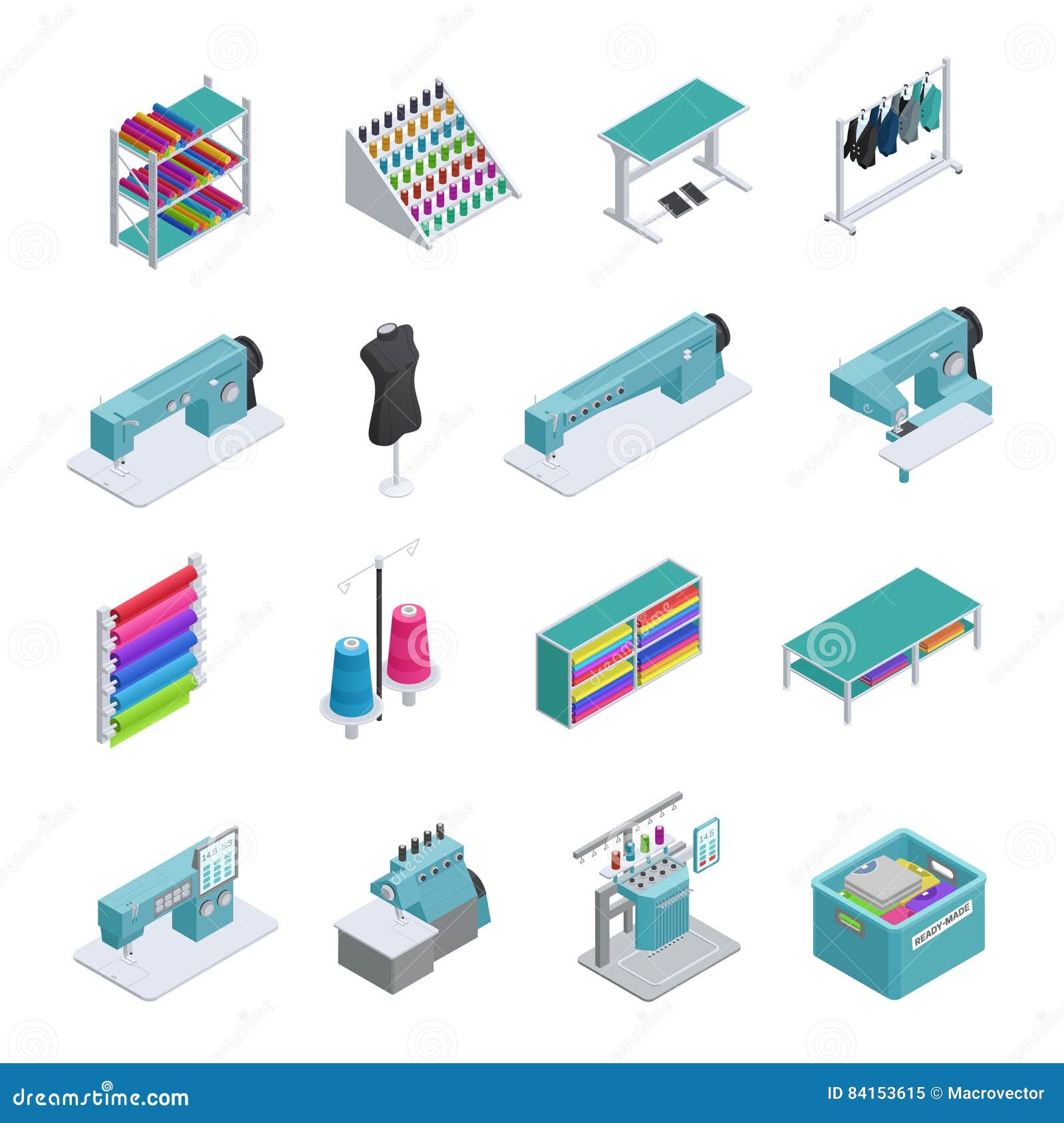 garment factory isometric icon set