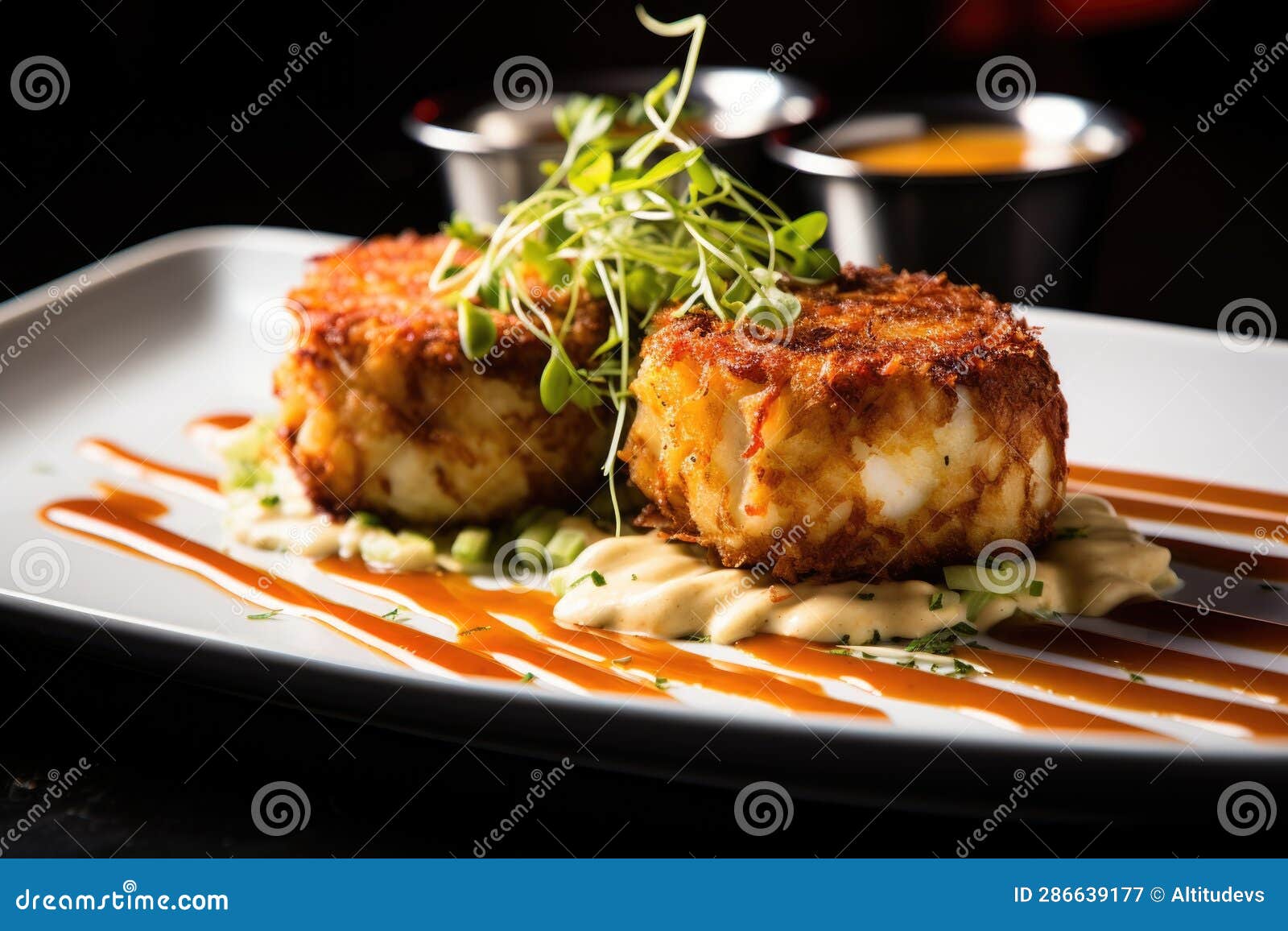 Garnished Crab Cakes with Dipping Sauce Stock Image Image of