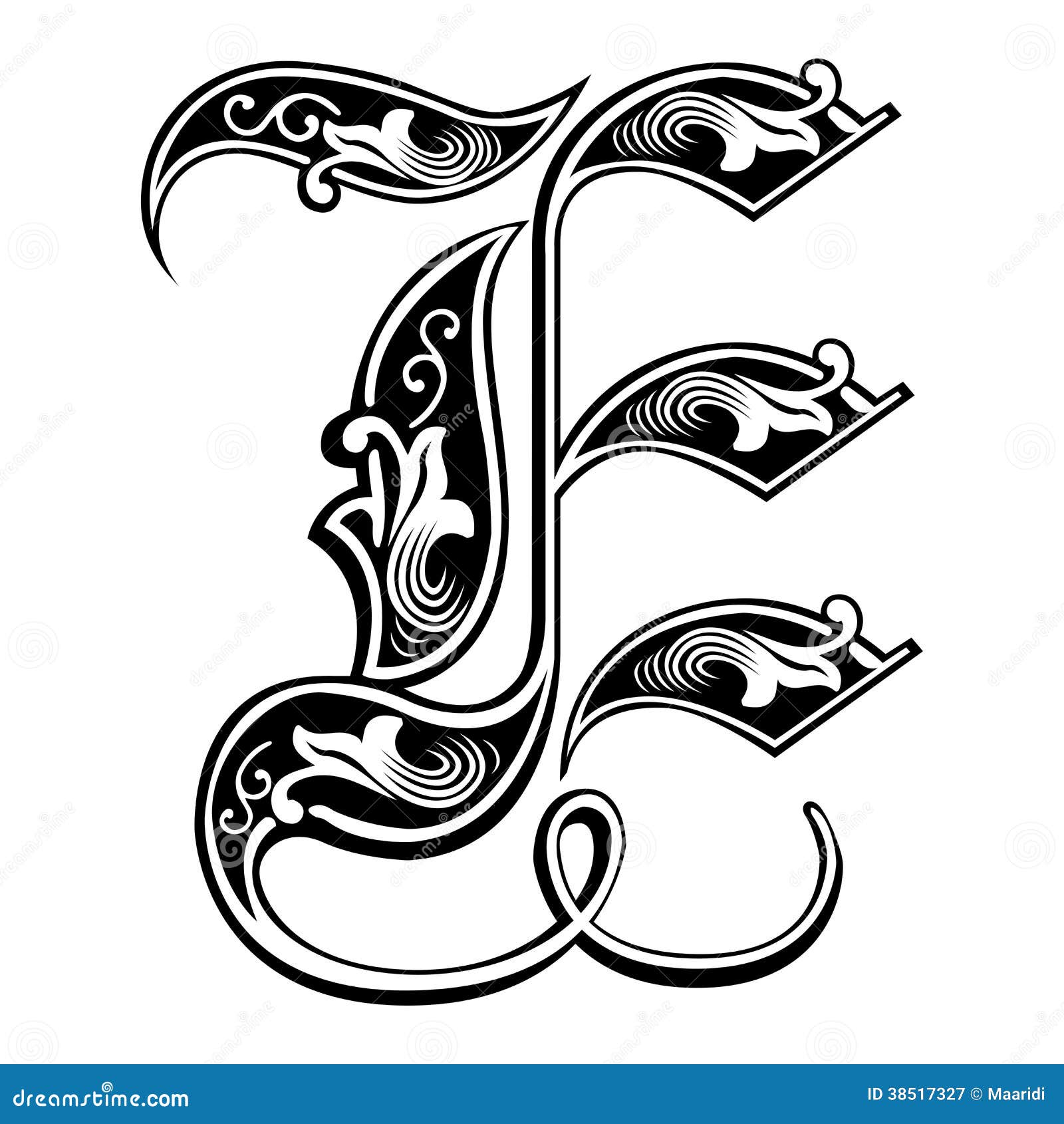 garnished gothic style font, letter e