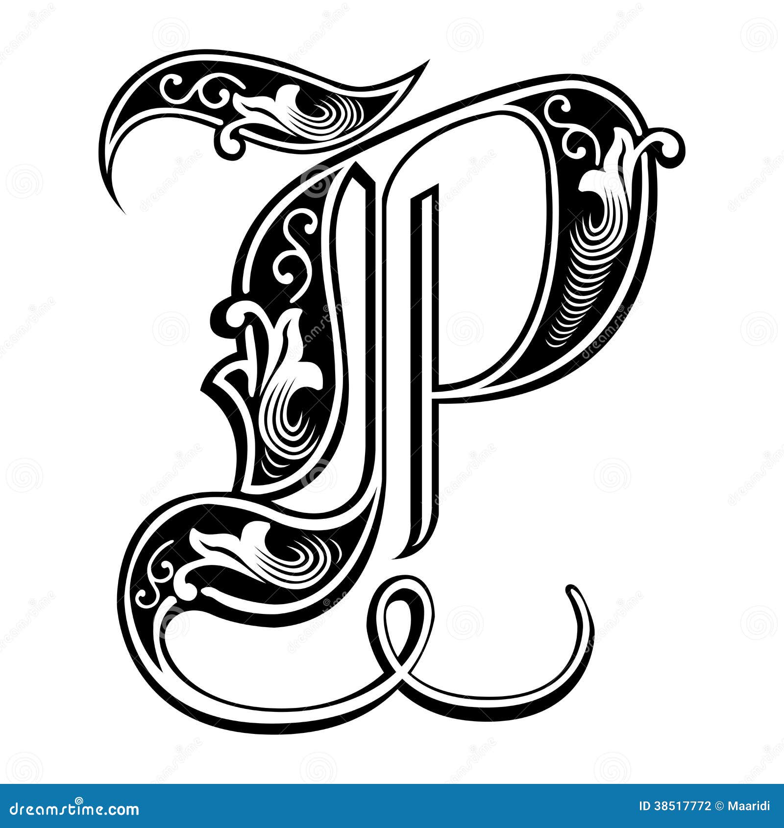 garnished gothic style font, letter p