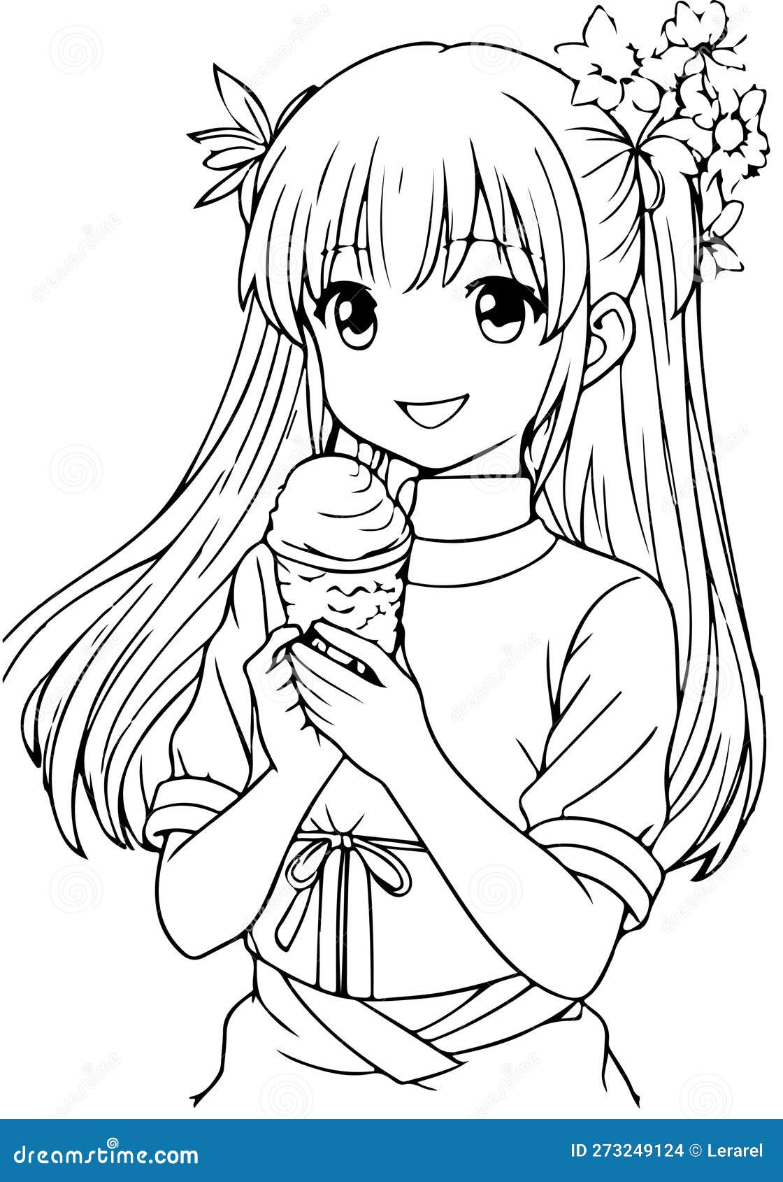 Beaufitul anime girl para colorir página preto e branco