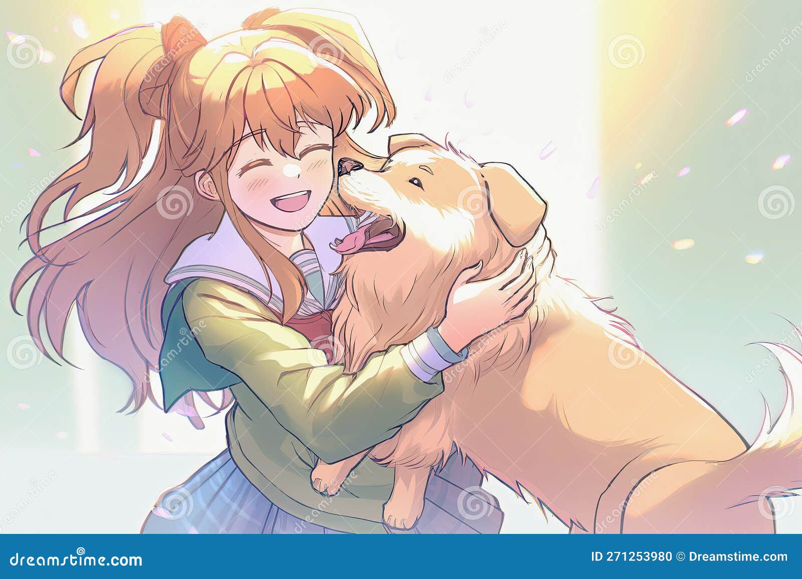 Garota Com Um Cachorro Fofo No Estilo Anime Gerou Uma Ilustração