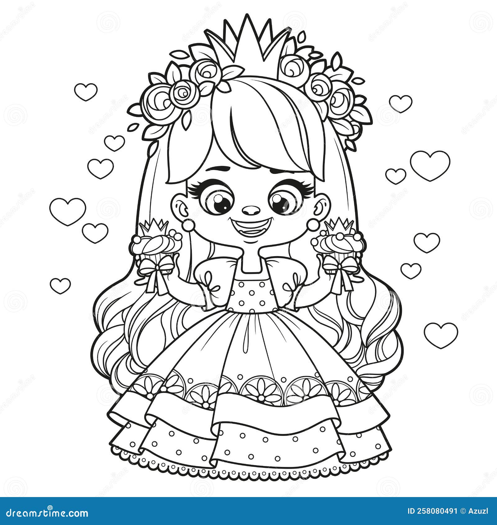 Garota Da Princesa De Desenho De Cabelos Compridos E Fofinhos Com Cupcakes  Deliciosos Esboçados Para Colorir Página Em Branco Ilustração do Vetor -  Ilustração de encantador, fantasia: 258080491