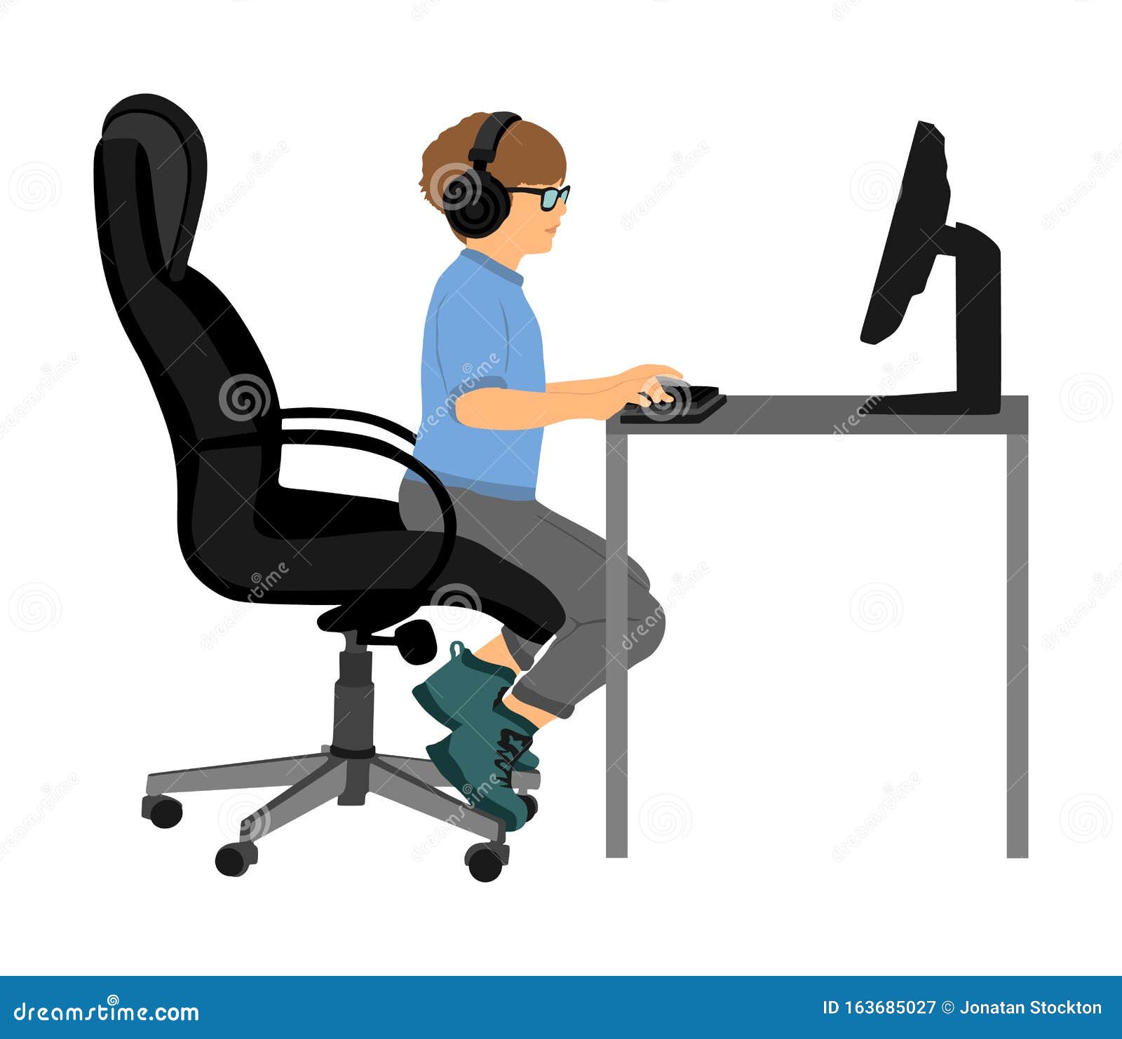 Garoto sentar em escrivaninha jogando jogos em computador. sorridente  criança dentro fones de ouvido ter Diversão acionado dentro videogame em pc  às lar. jogador e aplicativo. vetor ilustração. 24181207 Vetor no Vecteezy