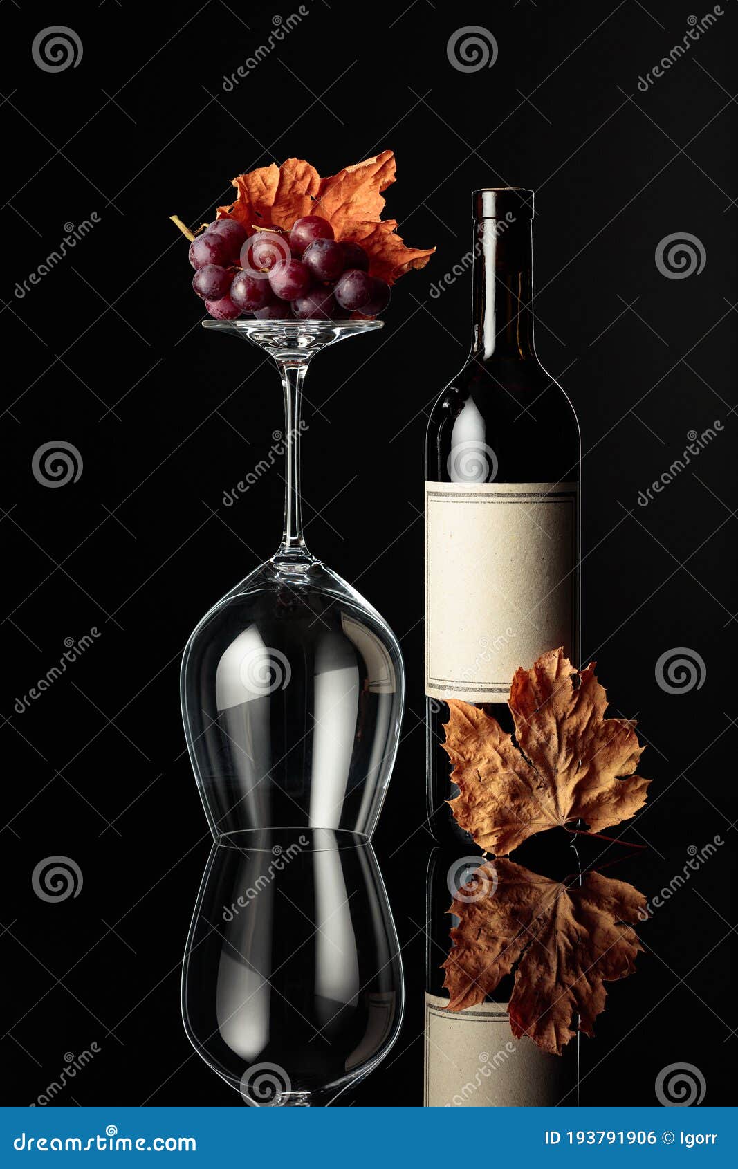 Garrafa De Vinho Tinto E Uma Taça De Vinho Invertida Sobre Fundo Preto Foto  de Stock - Imagem de grupo, bebida: 193791906