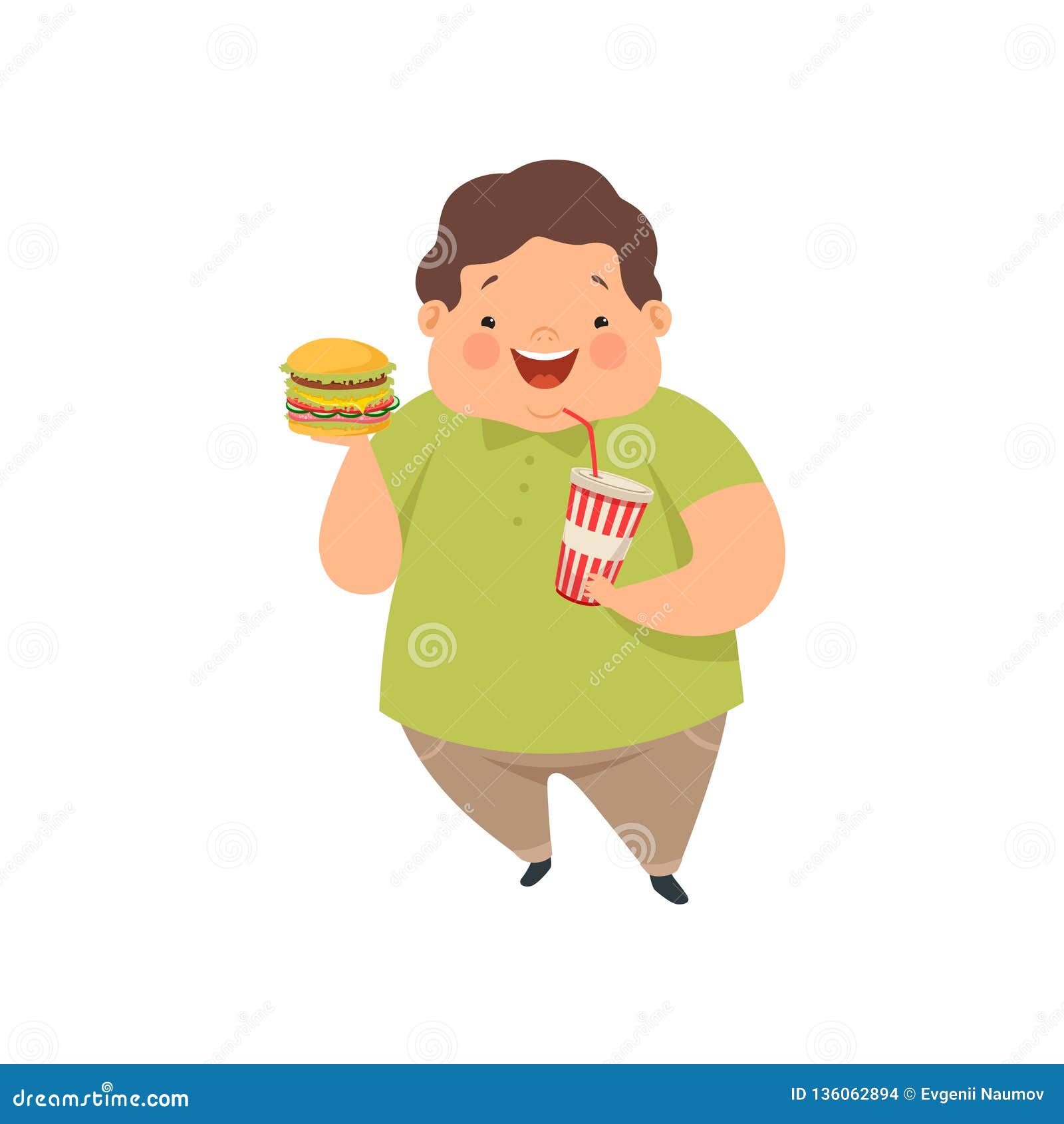 Garçon De Poids Excessif Avec La Boisson D'hamburger Et De Soude