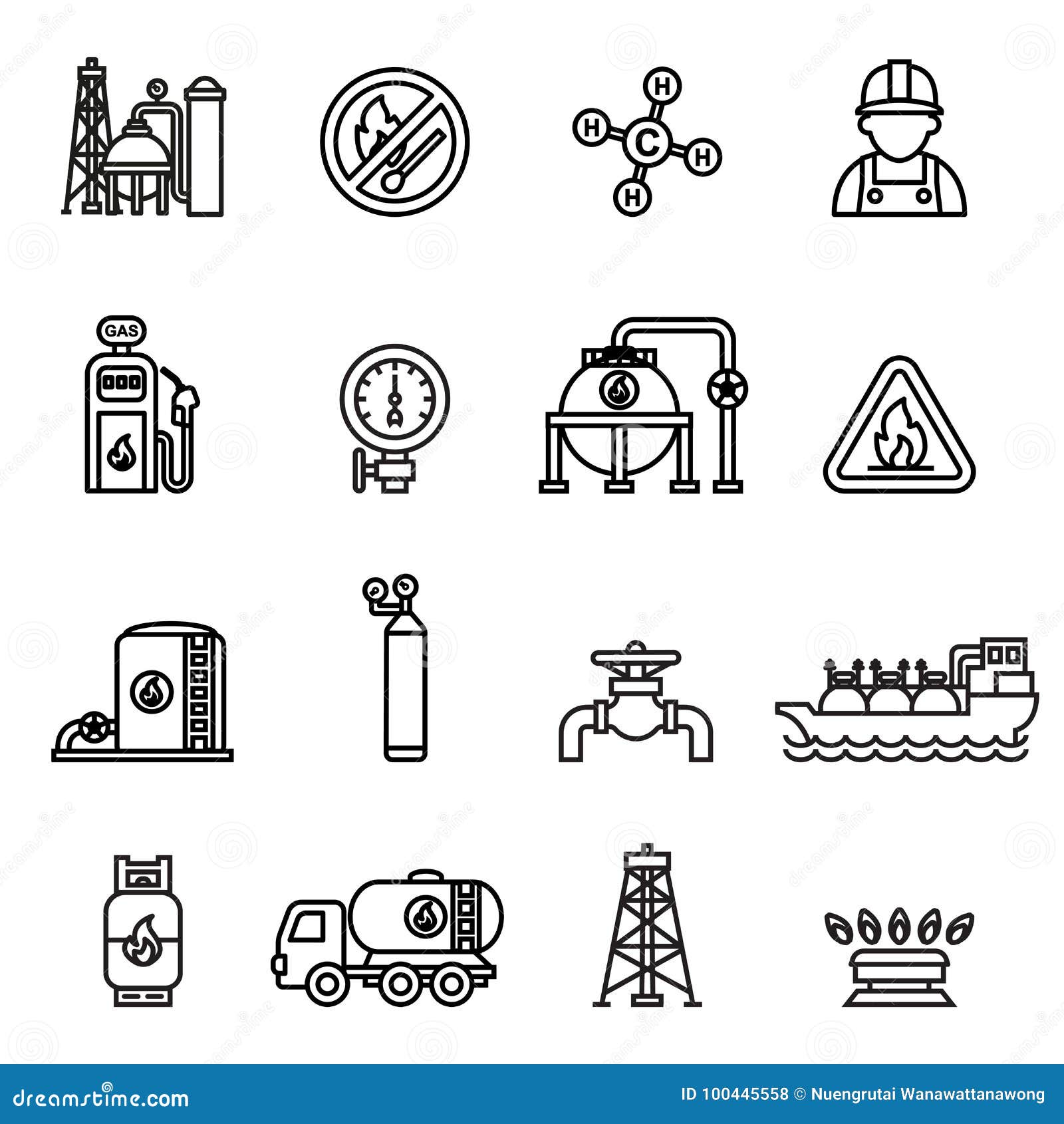 gas industry extraction production and transportation gas icons set with tanker truck petroleum can and pump. thin line .