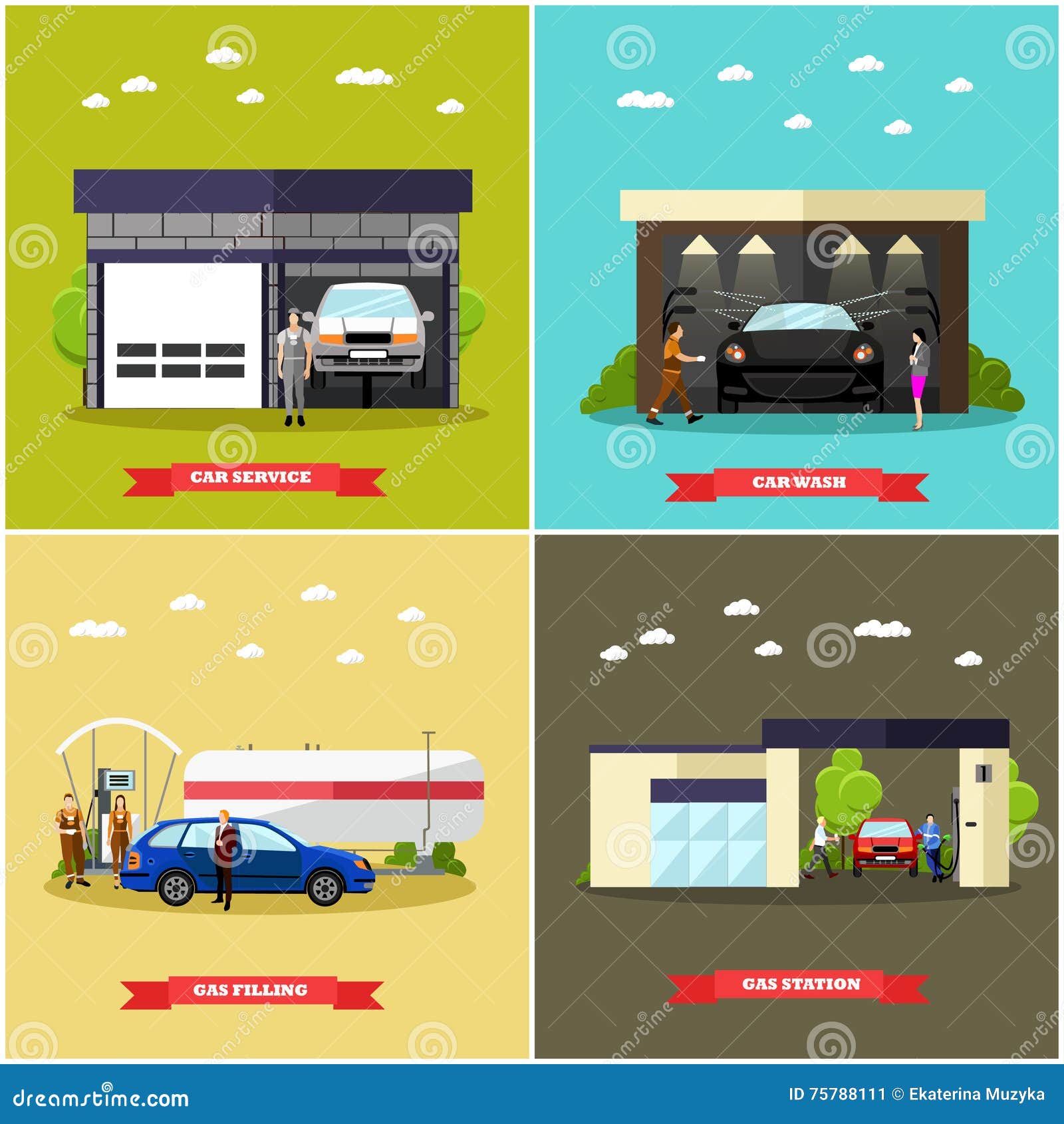Car Wash Service 2 Flat Banners Cartoon Vector 