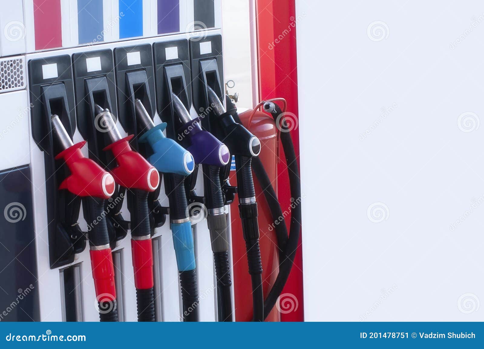Gas Station Closeup with Colored Fuel Hoses Stock Image Image of
