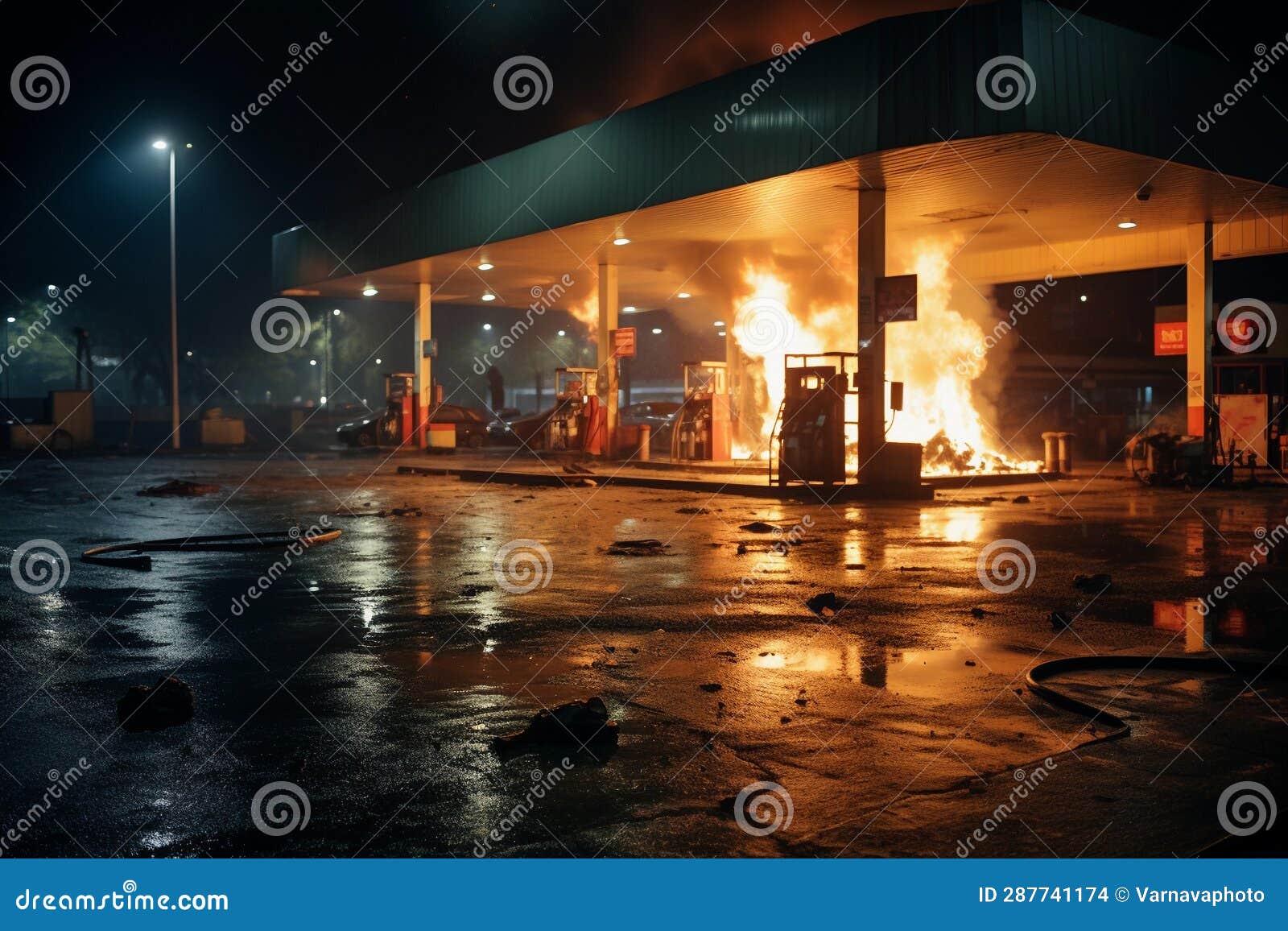 The Gas Station is on Fire at Night. AI Generated. Stock Photo Image