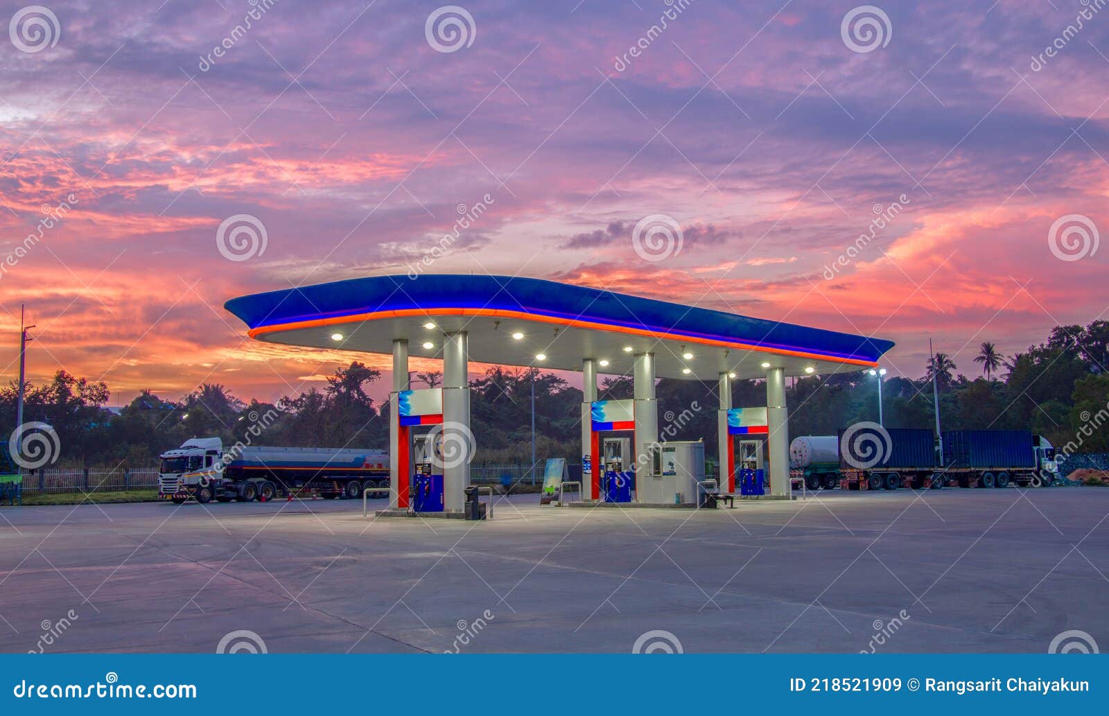 Oil and Gas Station at Sunrise and Orange Sky Stock Image Image of