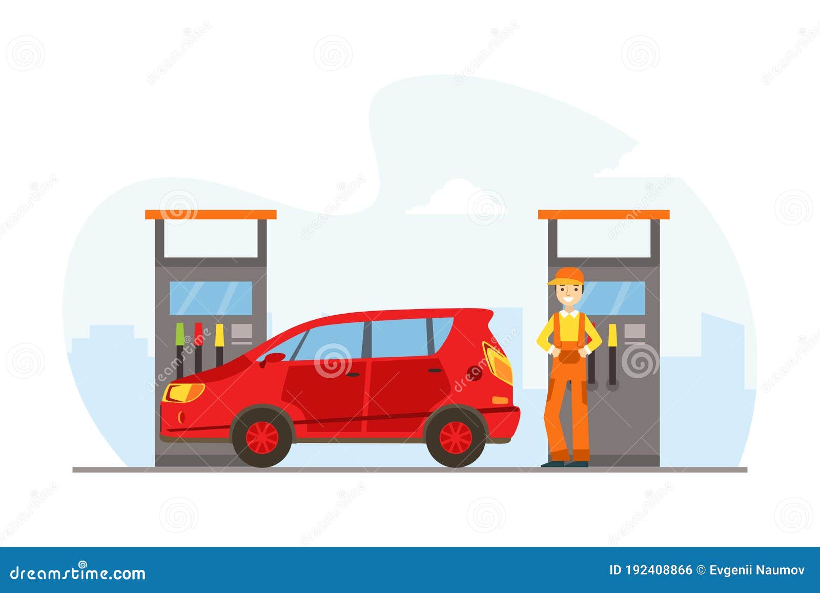 Gas Station Worker Standing Next To Fuel Dispenser Filling Up Fuel into Red Car Cartoon Vector Illustration Stock Vector - Illustration of automobile, pollution: 192408866 Gas Station Worker Standing Next To Fuel Dispenser Filling Up Fuel into Red Car Cartoon Vector Illustration Stock Vector - Illustration of automobile, pollution: 192408866
