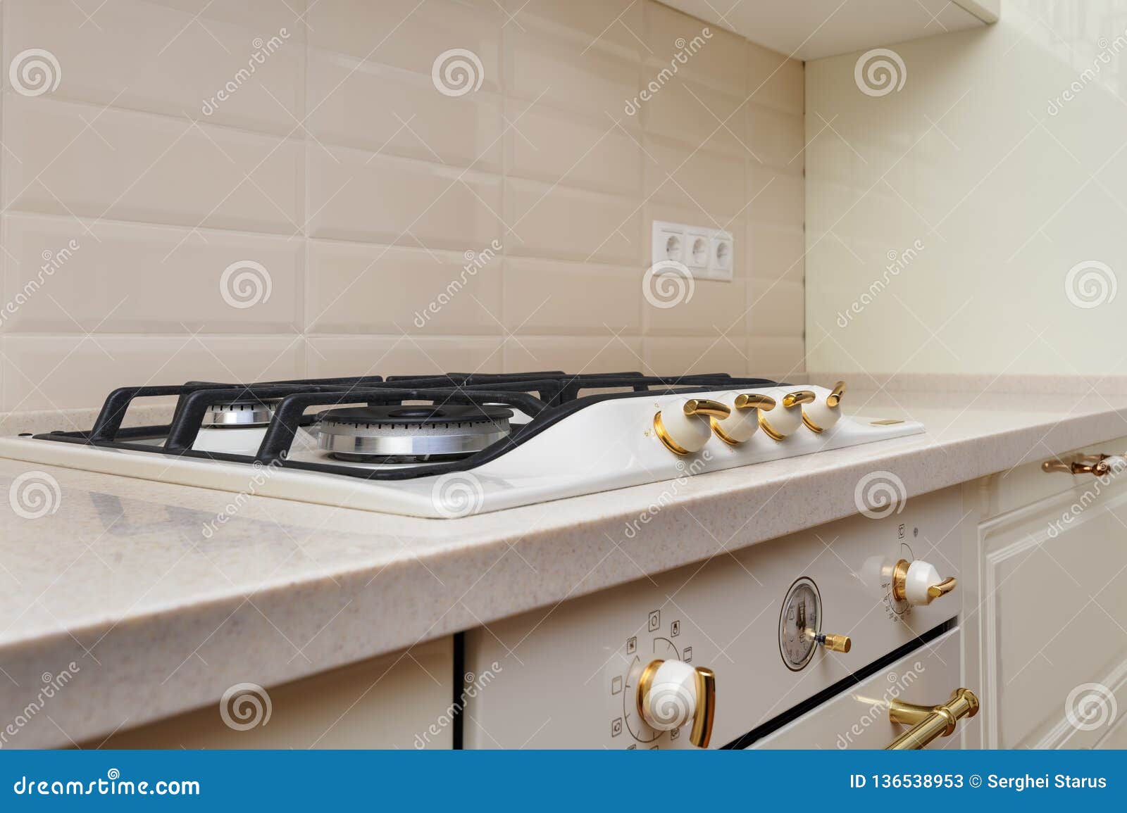 Gas Stove And Oven At Cream Colored Kitchen Stock Image Image Of