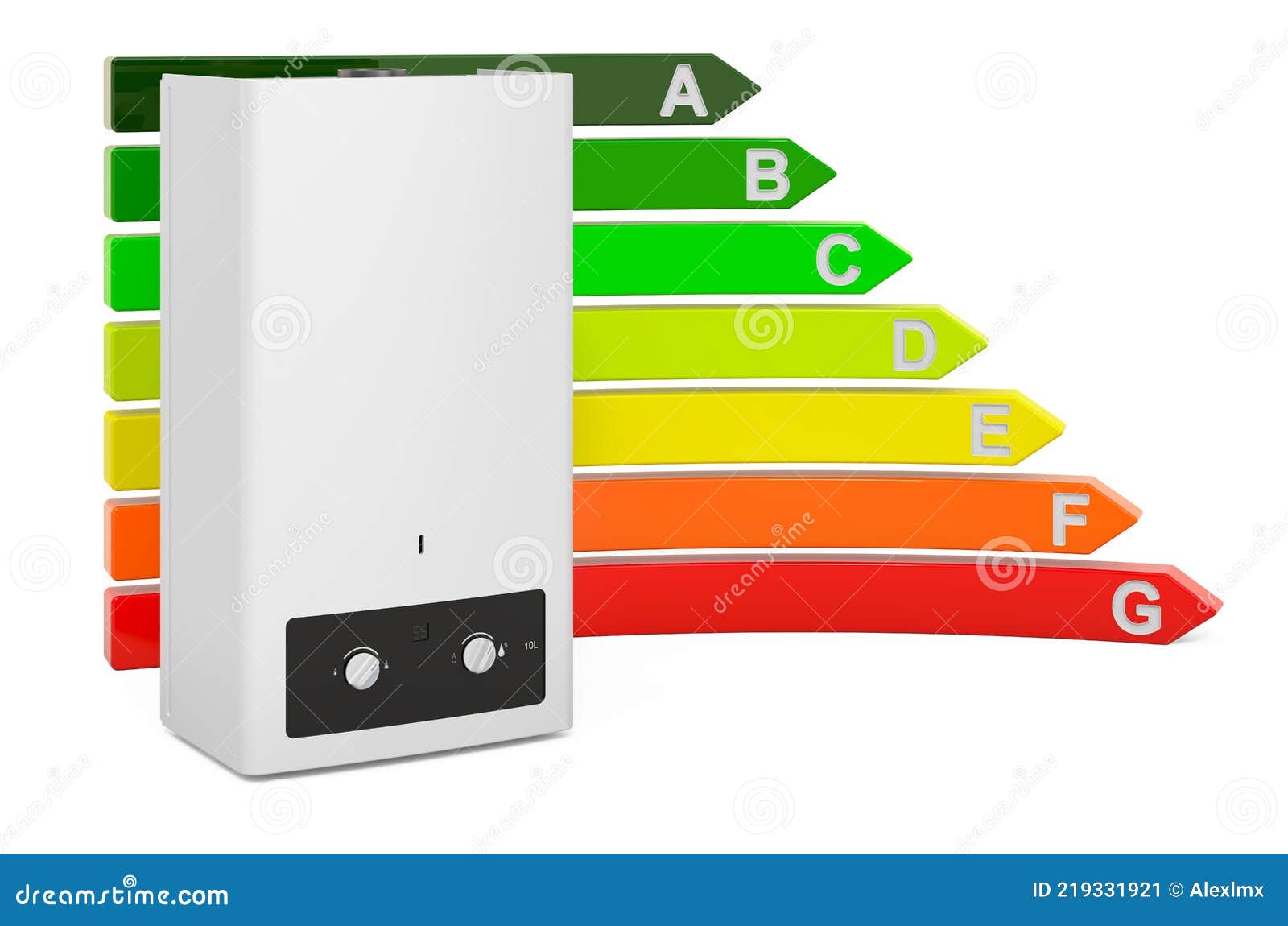 Gas Water Heater with Energy Efficiency Chart, 3D Rendering Stock