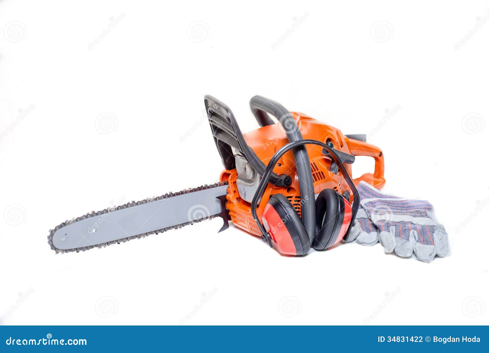 Gasoline Powered Modern Chainsaw with Protective Gear Stock Photo