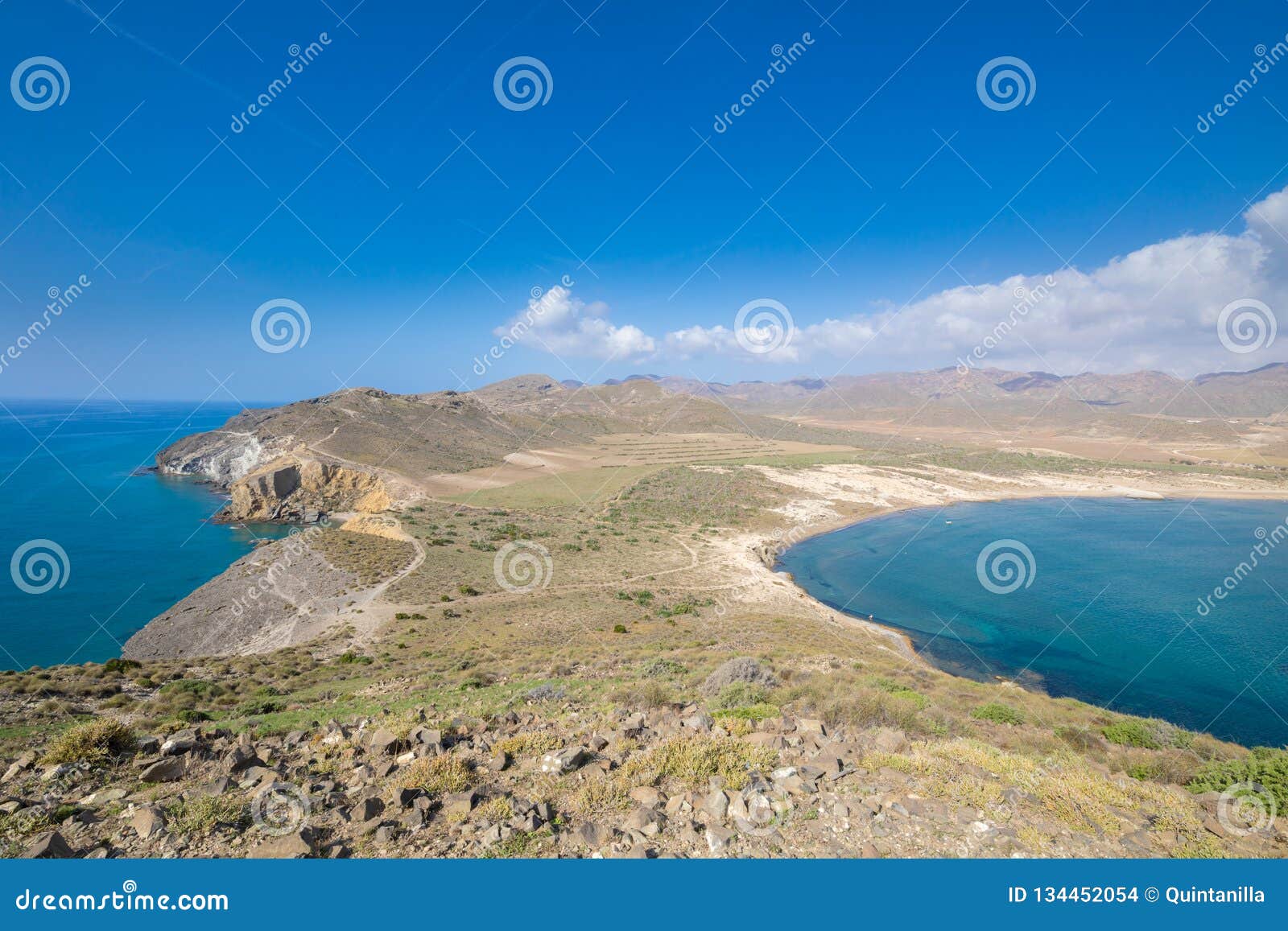 gata cape with amarillos and genoveses beaches from top of mountain in almeria