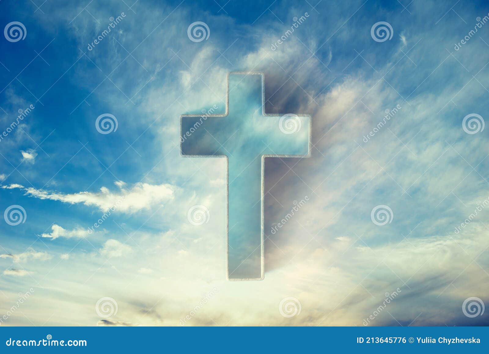 Gate To Heaven. Shining Cross in Clouds on Blue Sky. Copy Space ...