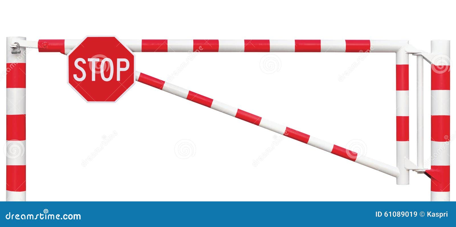 gated road barrier closeup, octagonal stop sign, roadway gate bar in bright white and red, traffic entry stop block security point