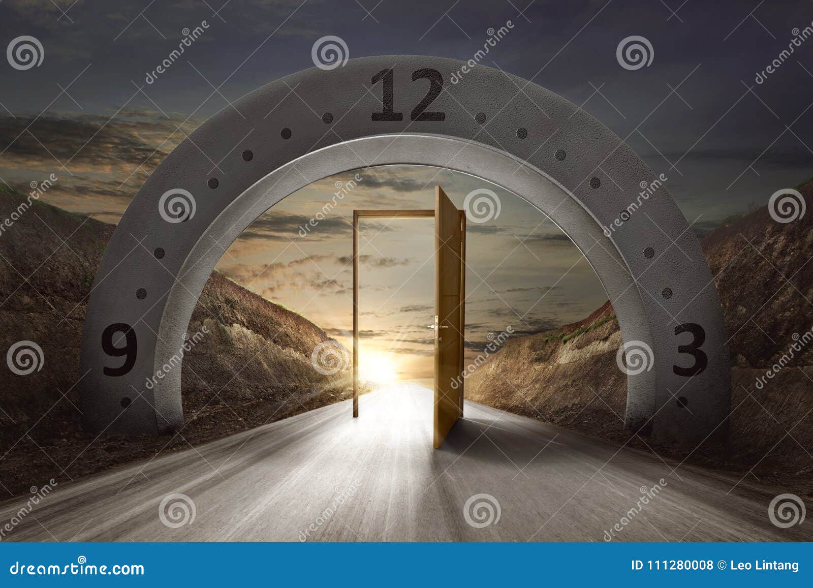 gateway arch with clock face and open door