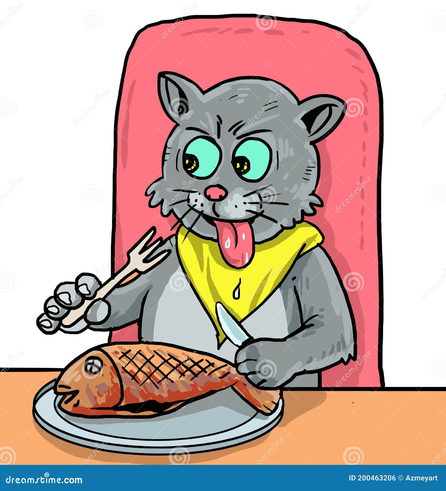 Gato De Dibujos Animados Comiendo Pescado Frito Ilustración del Vector -  Ilustración de ilustraciones, coma: 200463206