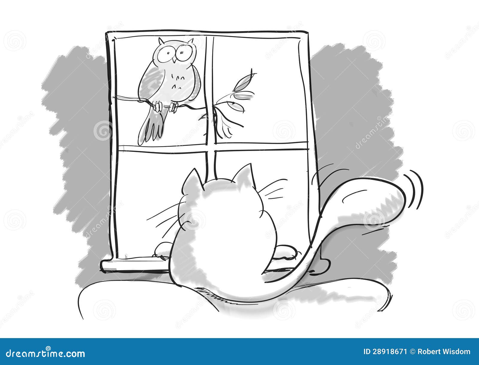 Gato e pássaro dos desenhos animados. Gato dos desenhos animados frustrado pelo pássaro