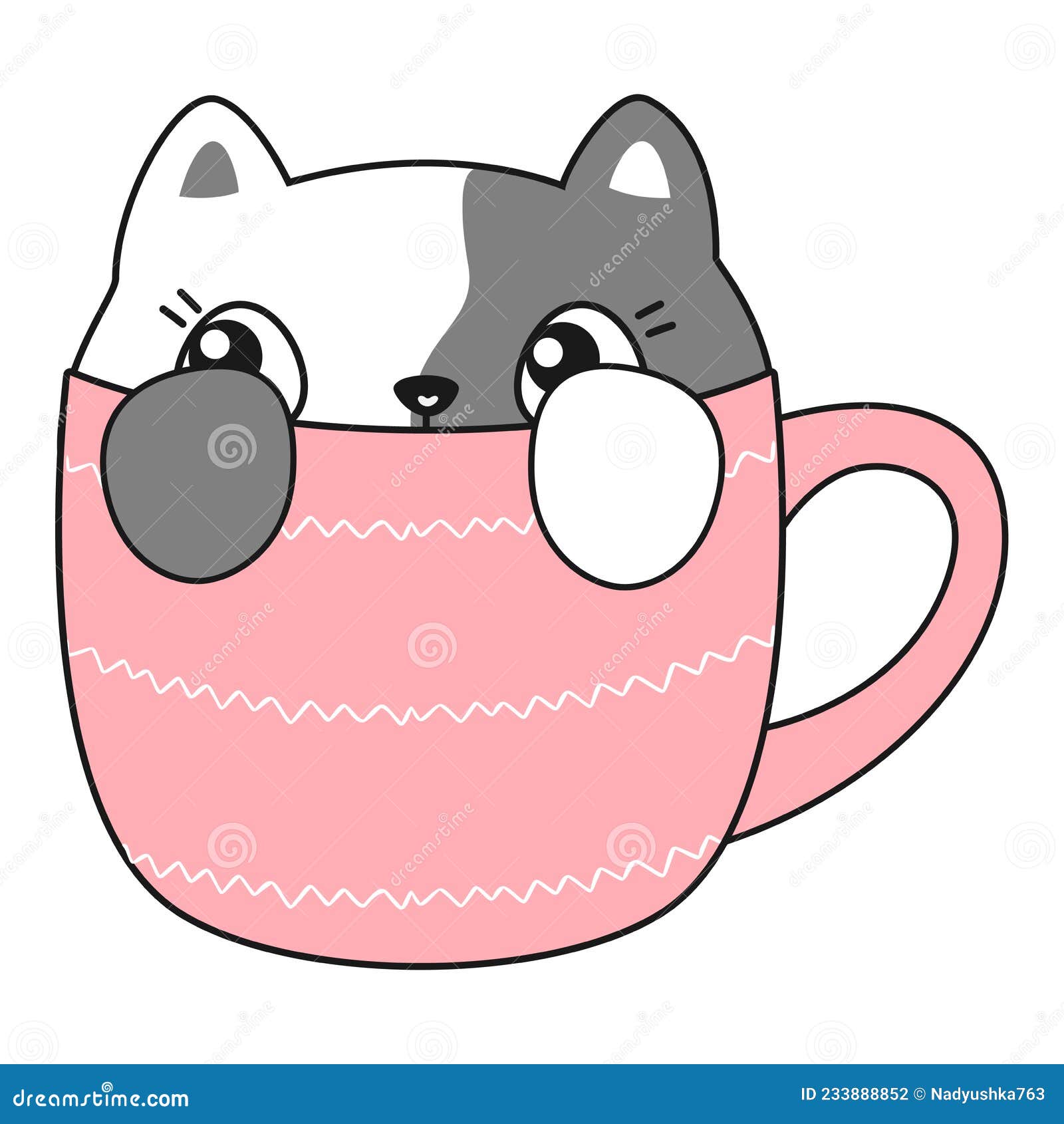 Gato Kawaii Fofo Na Caneca Rosa. Ilustração Vetorial. Ilustração do Vetor -  Ilustração de cartoon, animal: 233888891