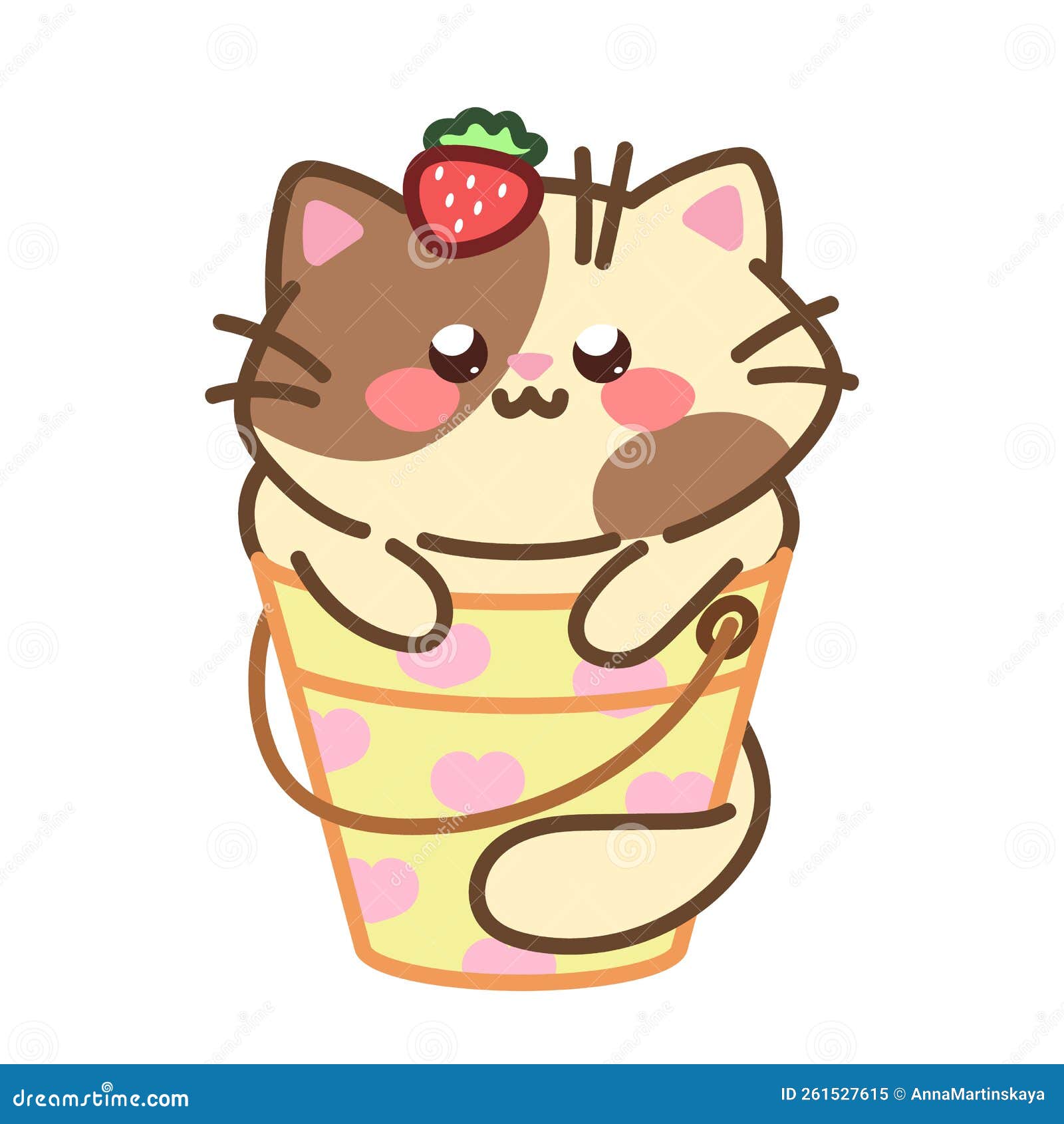 Gato Kawaii Sentado No Balde. Bonitinho Desenho Animado Para