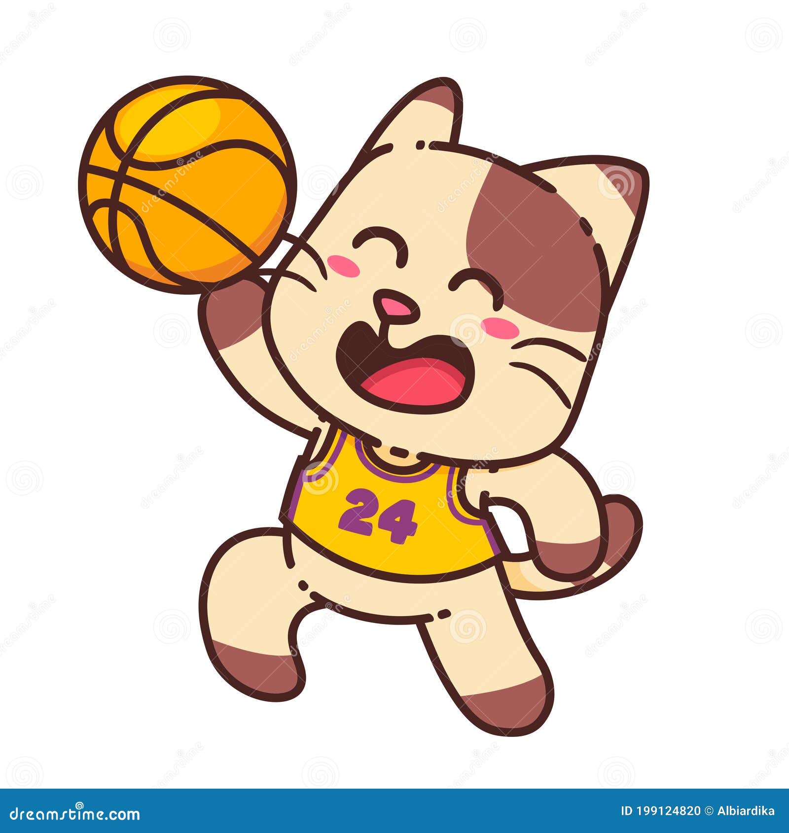 Um gato de desenho animado com uma bola de basquete na camisa está jogando  basquete.