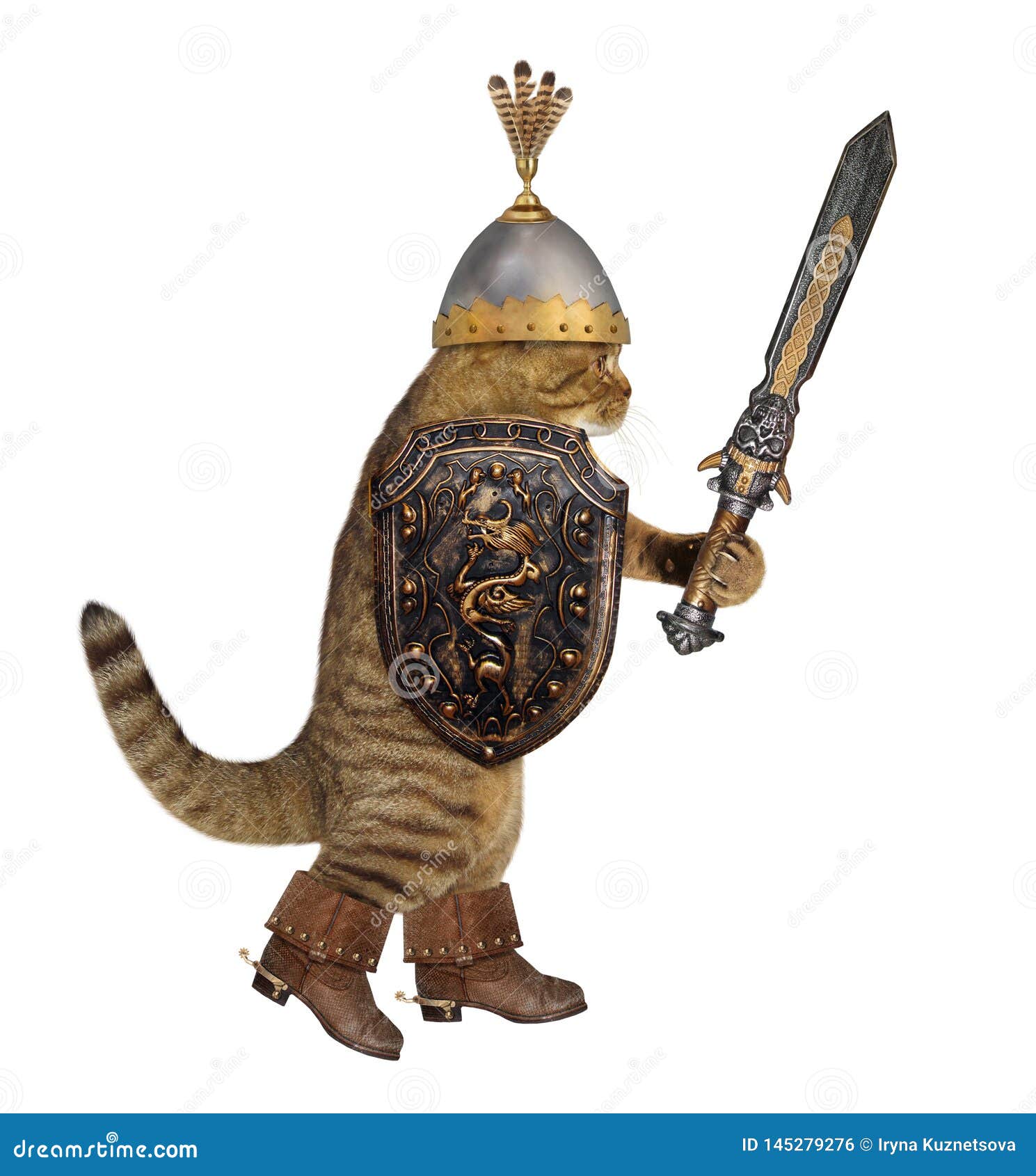 Um gato com uma espada e um escudo