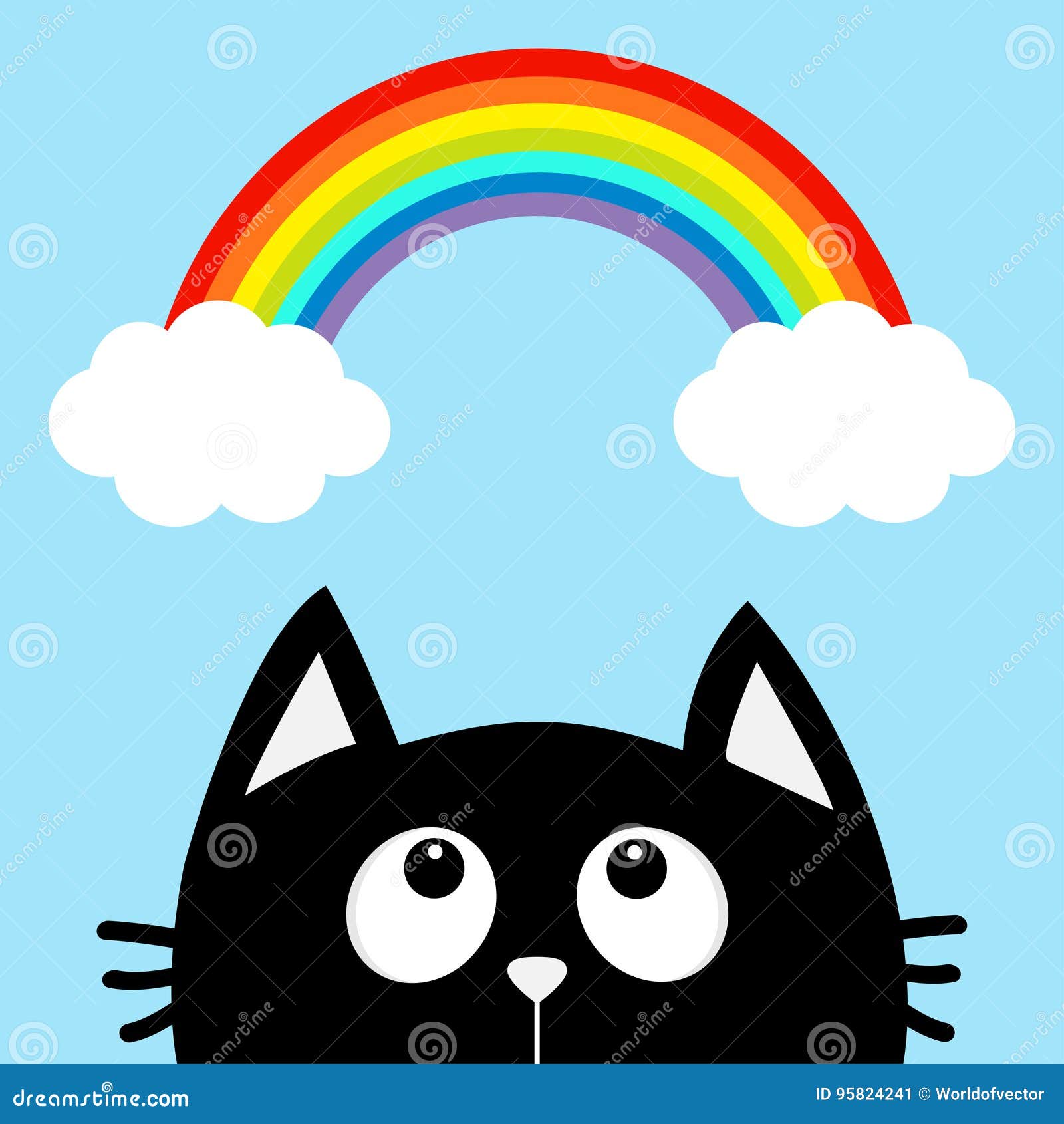 Gato Negro Que Mira Para Arriba A La Nube Y Al Arco Iris Personaje