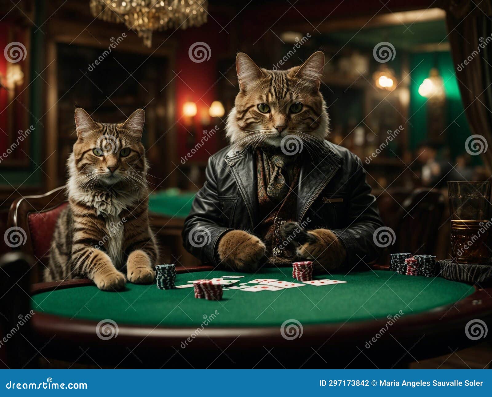 gato vestido con una chaqueta negra de cuero jugando al poker