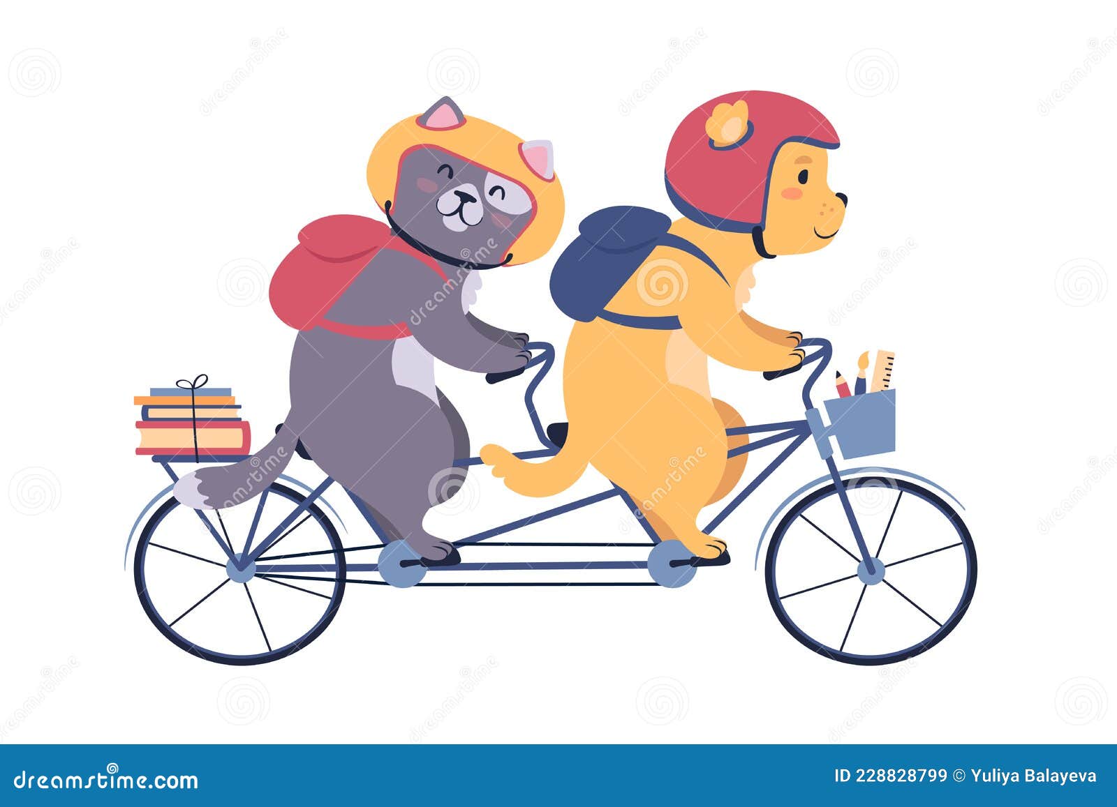 Gato Y Perro Con Cascos En Bicicleta Tándem. Personajes Lindos De Dibujos  Animados. Ilustración del Vector - Ilustración de perro, casco: 228828799
