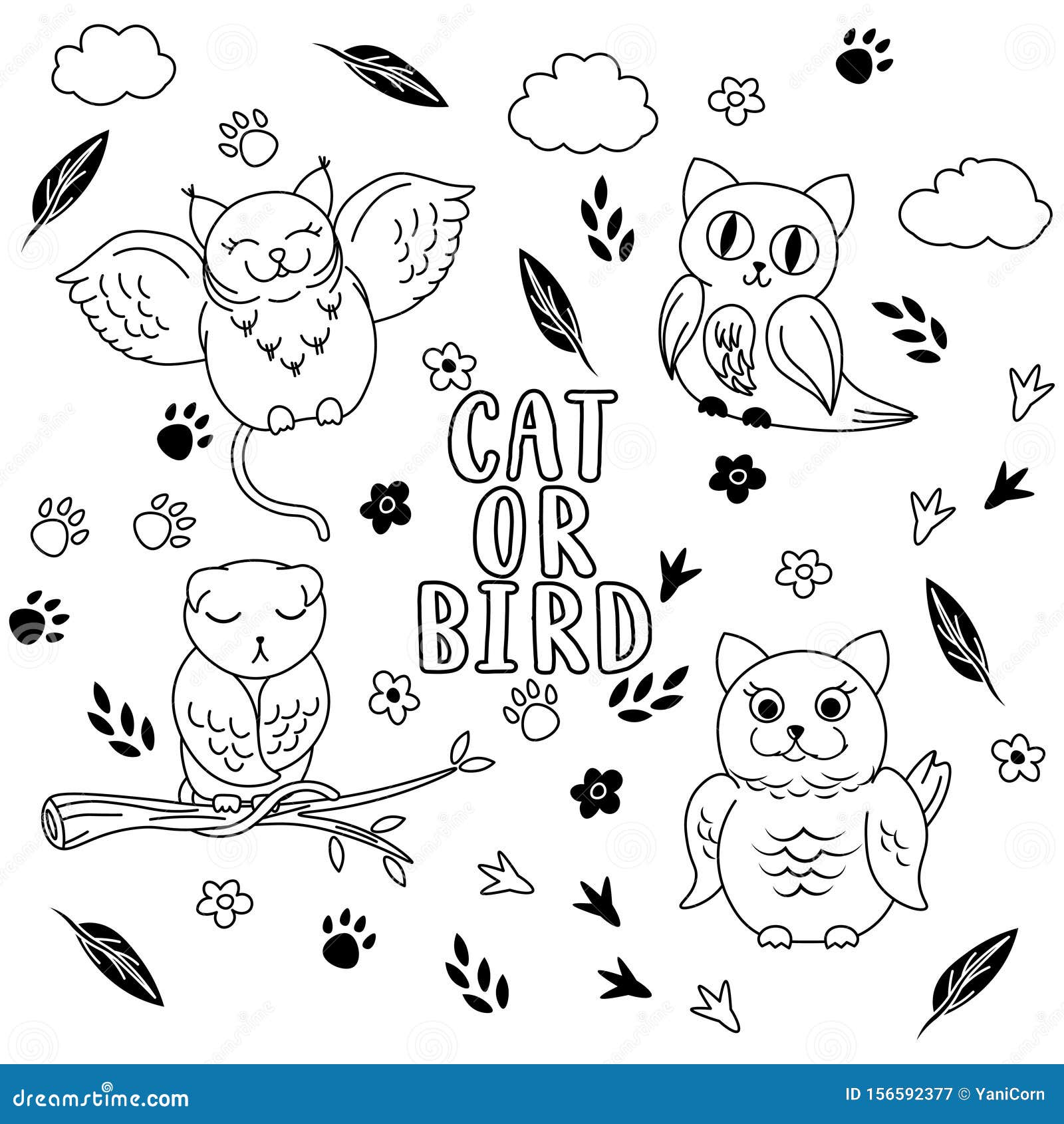 Desenho em preto e branco de um grupo de gatos para colorir e