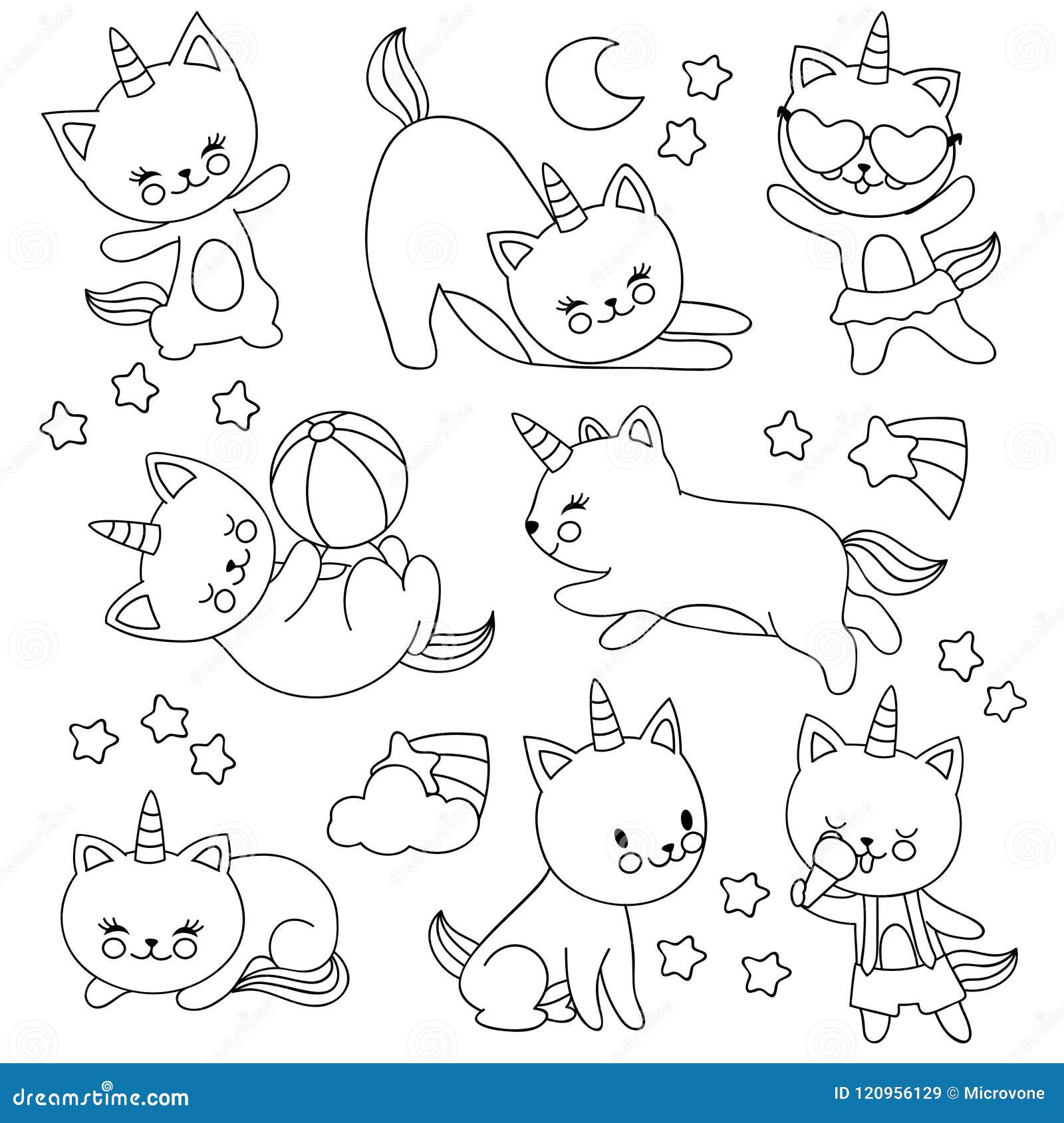 Livro de colorir kawaii desenhado à mão com gatos