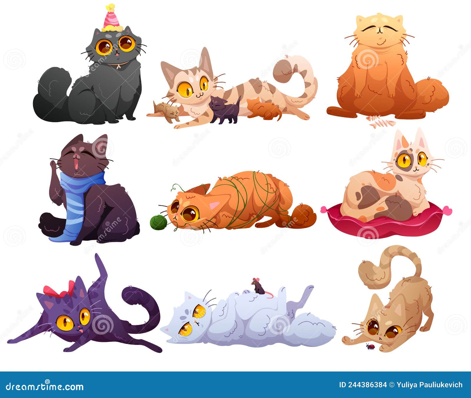 A coleção de gatinhos fofos fofos joga ou dorme. vector felino fofo