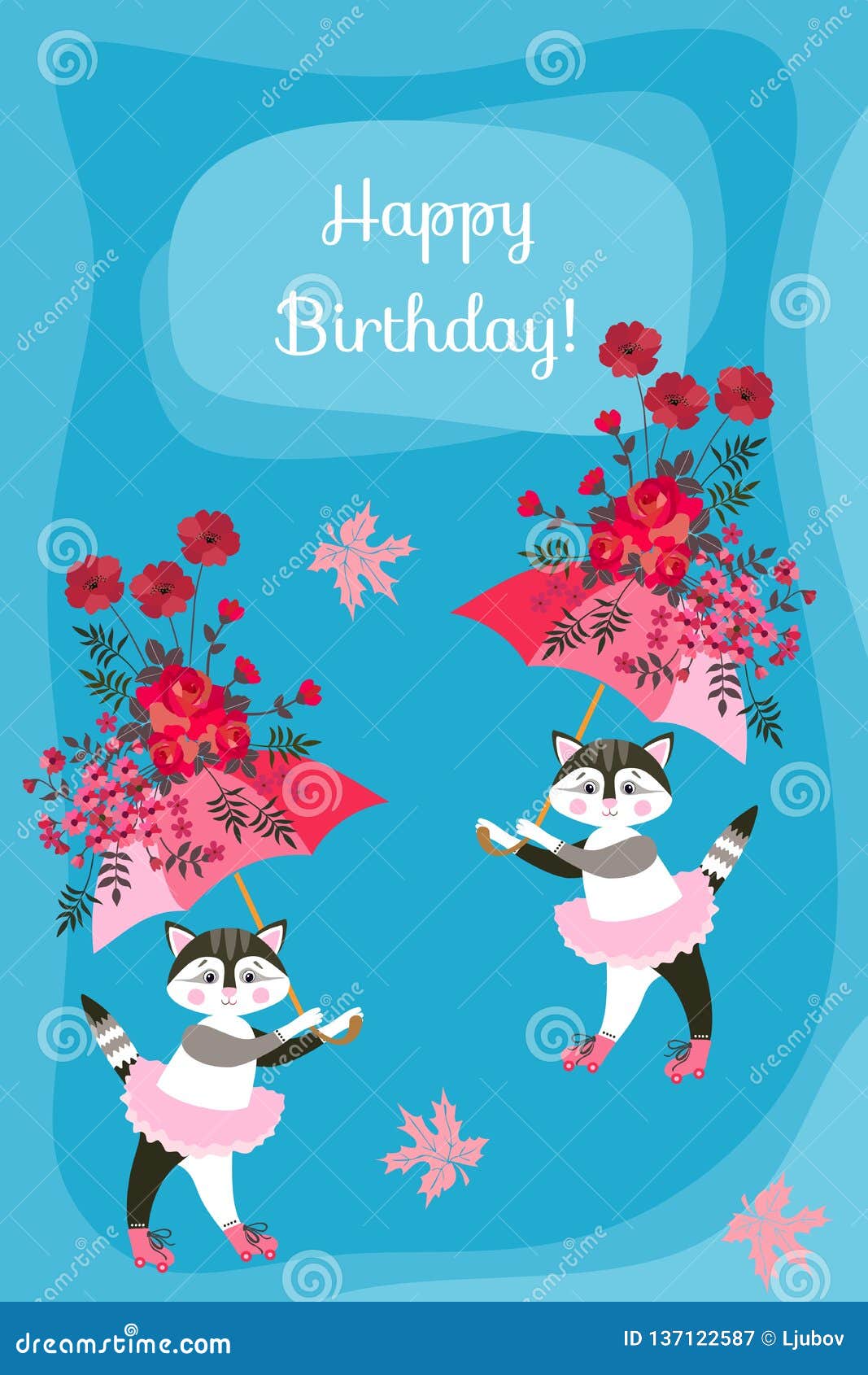 Gattini Svegli Con Gli Ombrelli Leggiadramente Su Fondo Blu Cartolina D Auguri Di Buon Compleanno Bella Progettazione Di Vettore Illustrazione Vettoriale Illustrazione Di Ballerina Cute