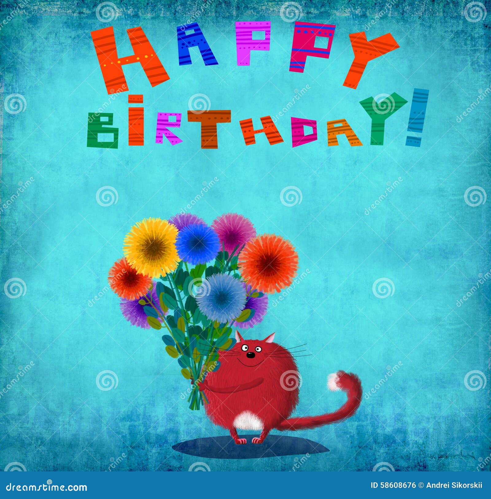 Gatto Rosso Di Buon Compleanno Con Gli Aster Illustrazione Di Stock Illustrazione Di Mazzo Immagine